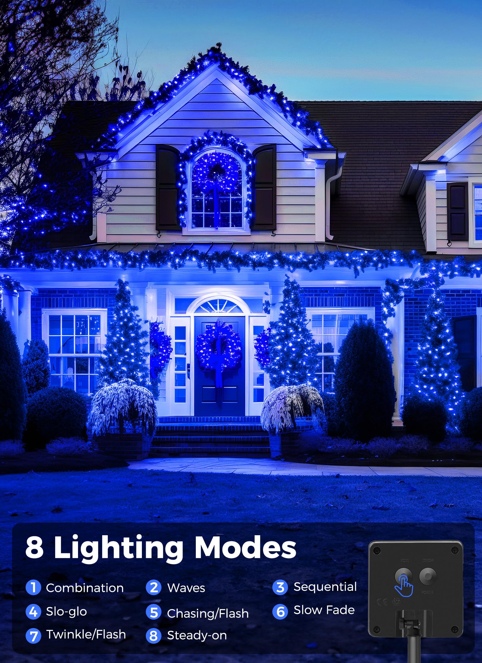 Minetom Solar Christmas Lights, 200 LED, 80FT, 8 Modes, Waterproof, Blue, 2 Pack