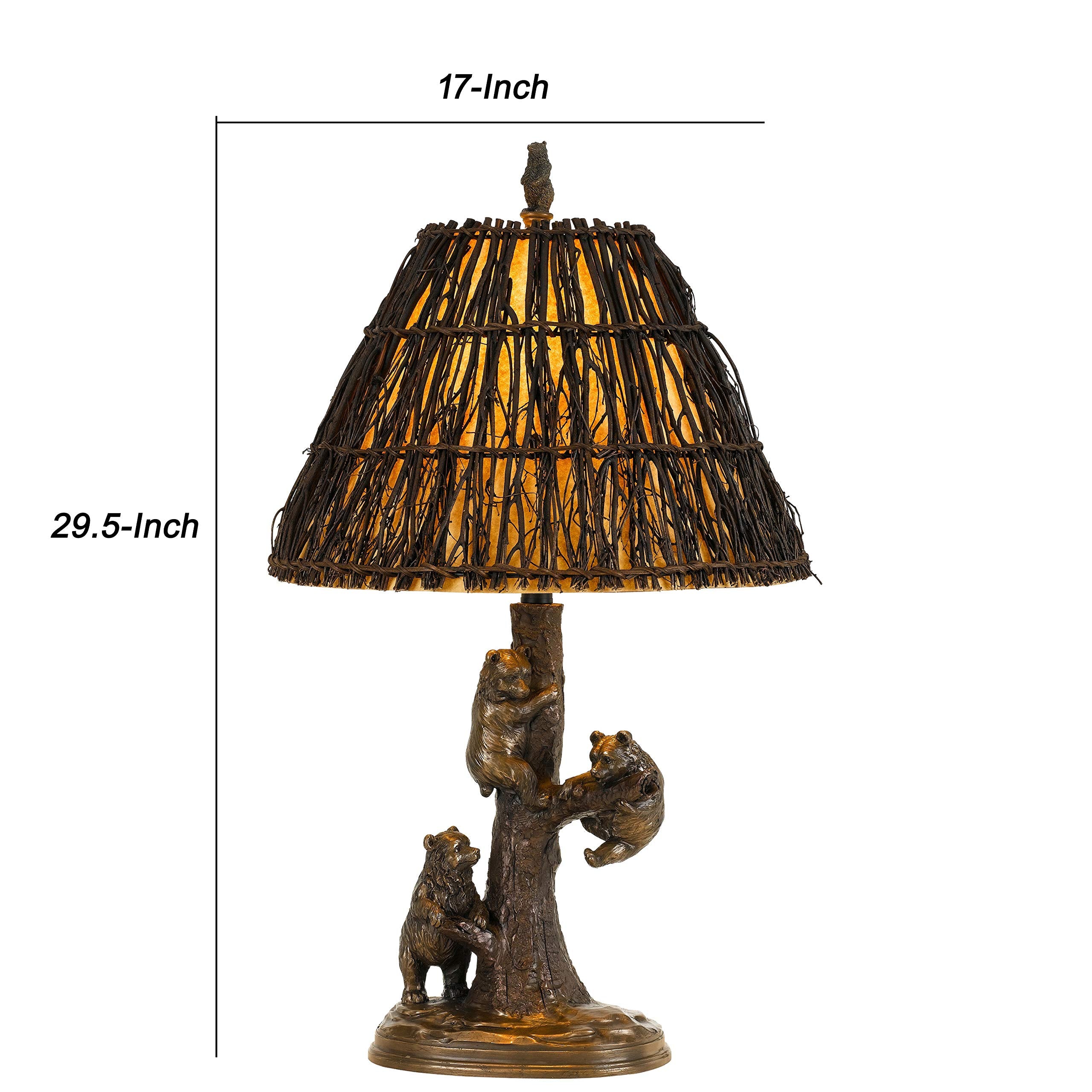 Benjara 150 Watt Resin Body Table Lamp With Bear Design And Twig Shade, Bronze