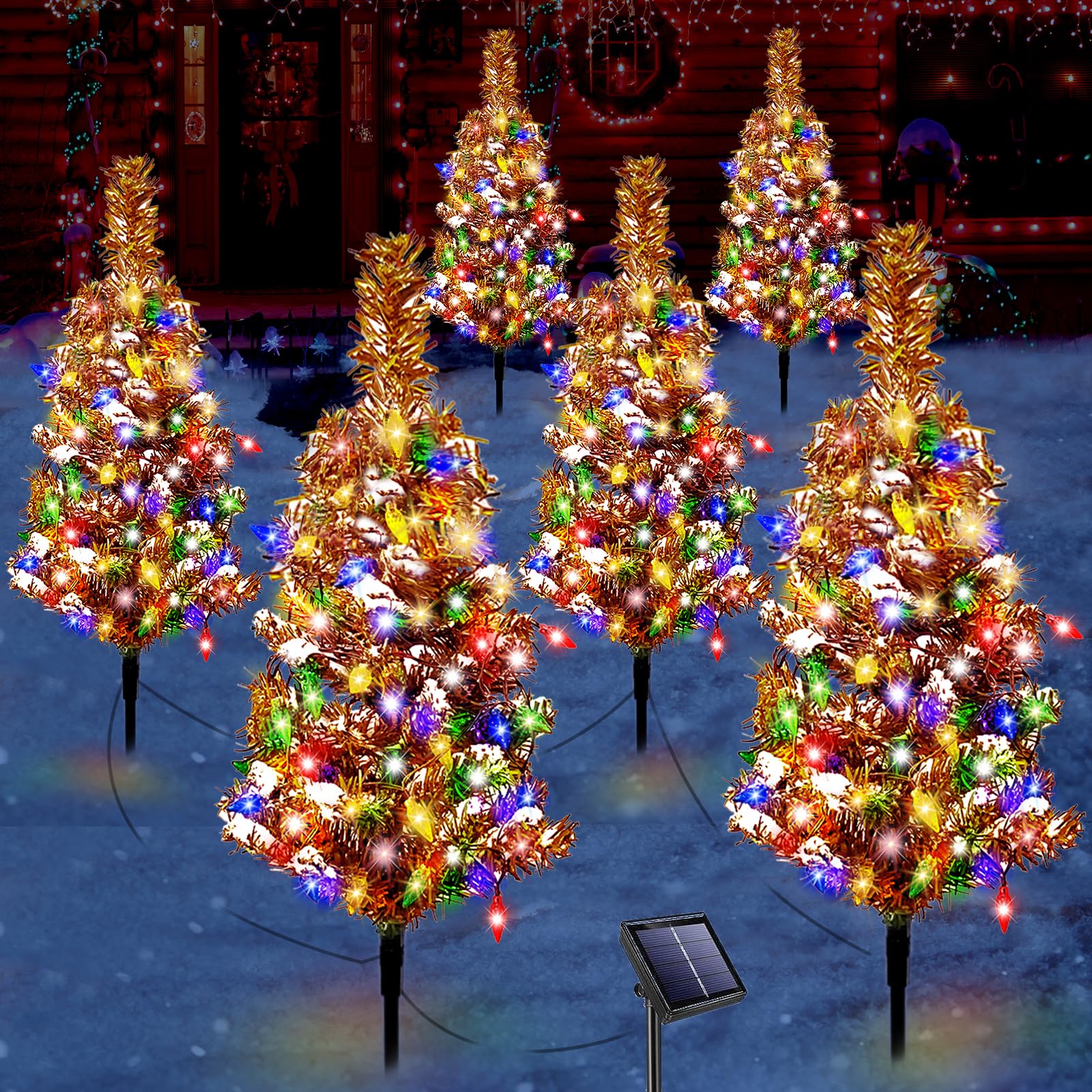 6 PCS Solar Christmas Tree  Outdoor Christmas Decorations  Xmas Tree Solar Powered with 120 LED Multi-Color Lights  for Holiday Yard Front Porch Pathway Graveyard Cemetery Garden Patio Decoration