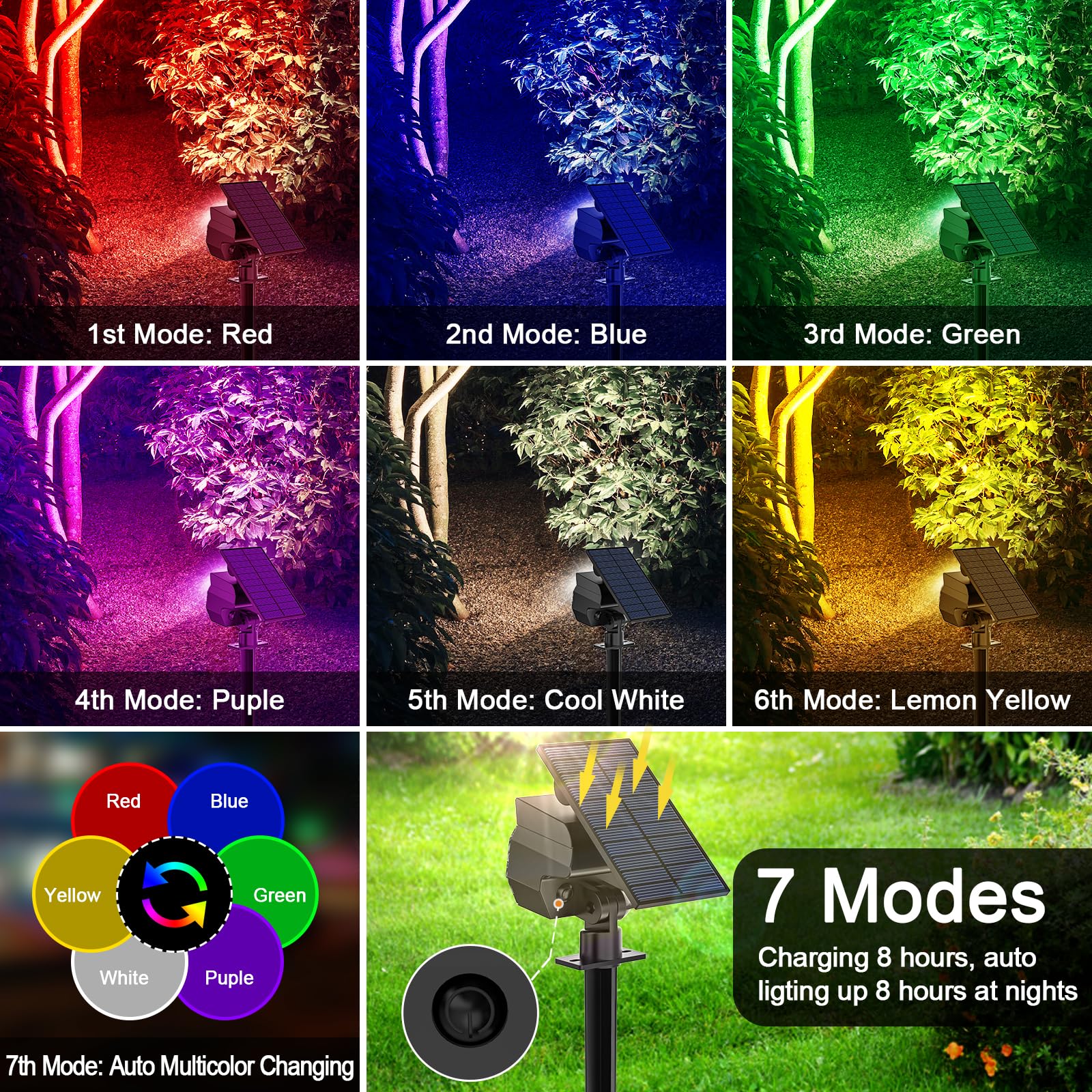 Solar Spot Lights Outdoor Color Changing, [7 Modes/8 Pack] Christmas Ip67 Waterproof Landscape Spotlights, Dusk To Dawn Solar Po