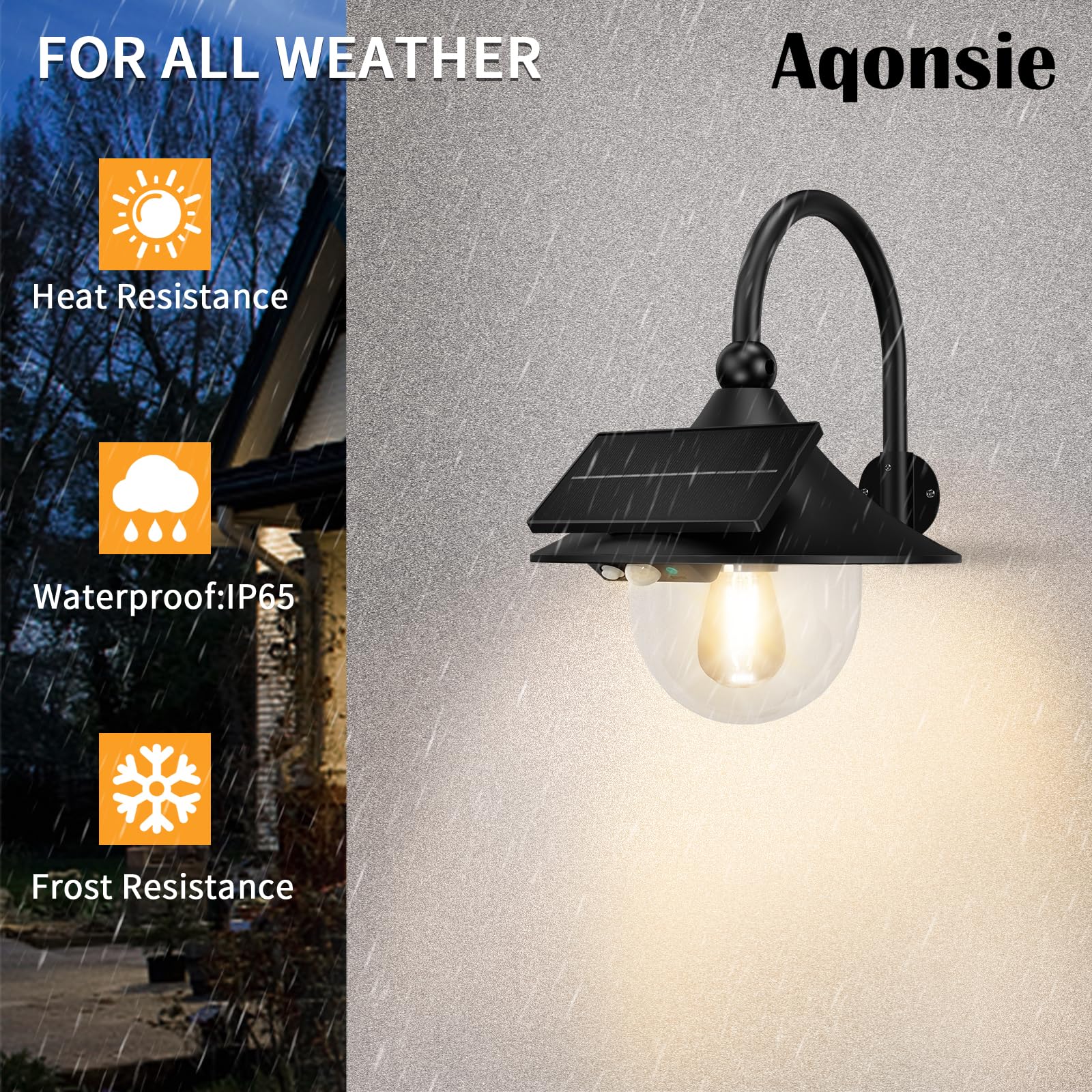 Aqonsie Solar Barn Light - 3 Lighting Modes, Motion Sensing, Waterproof, Vintage Design, Black, Wall Mount for Barn, Shed, Porch, Patio