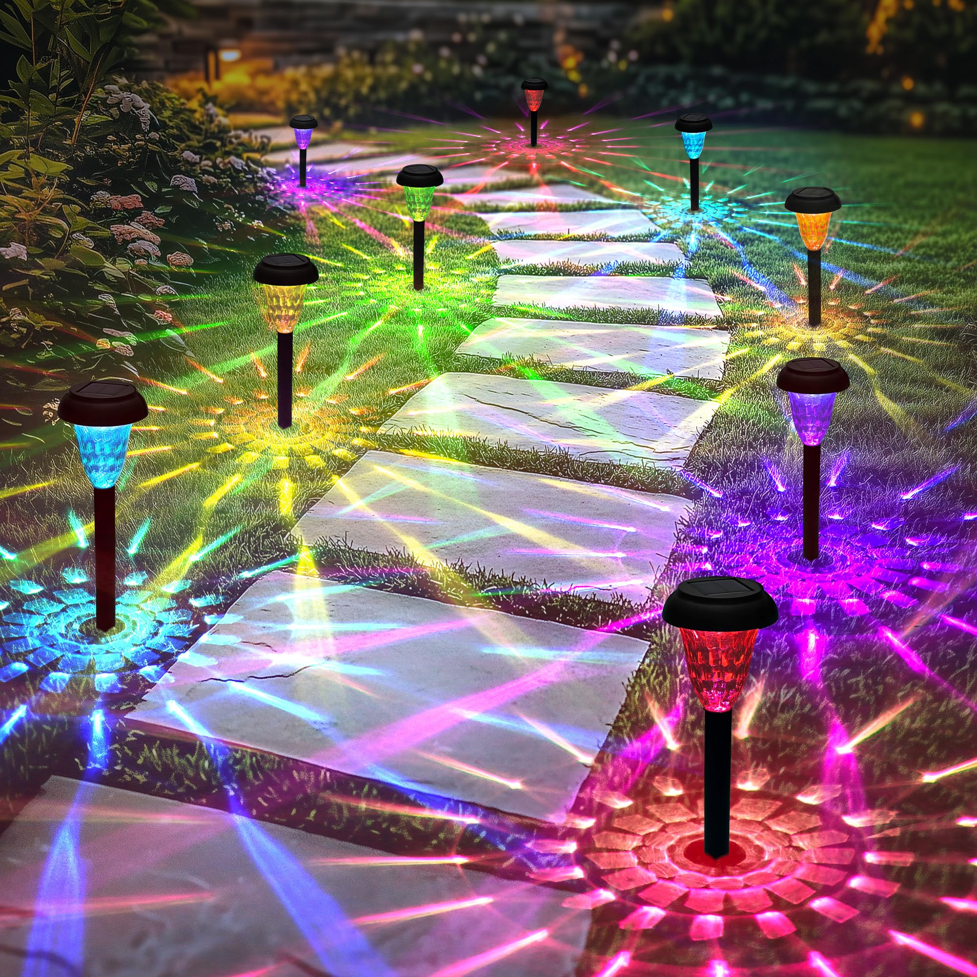 TISEJOY Solar Pathway Lights Outdoor, Waterproof Color Changing, 16 Pack, Multicolor, Model 9447, Plastic Material