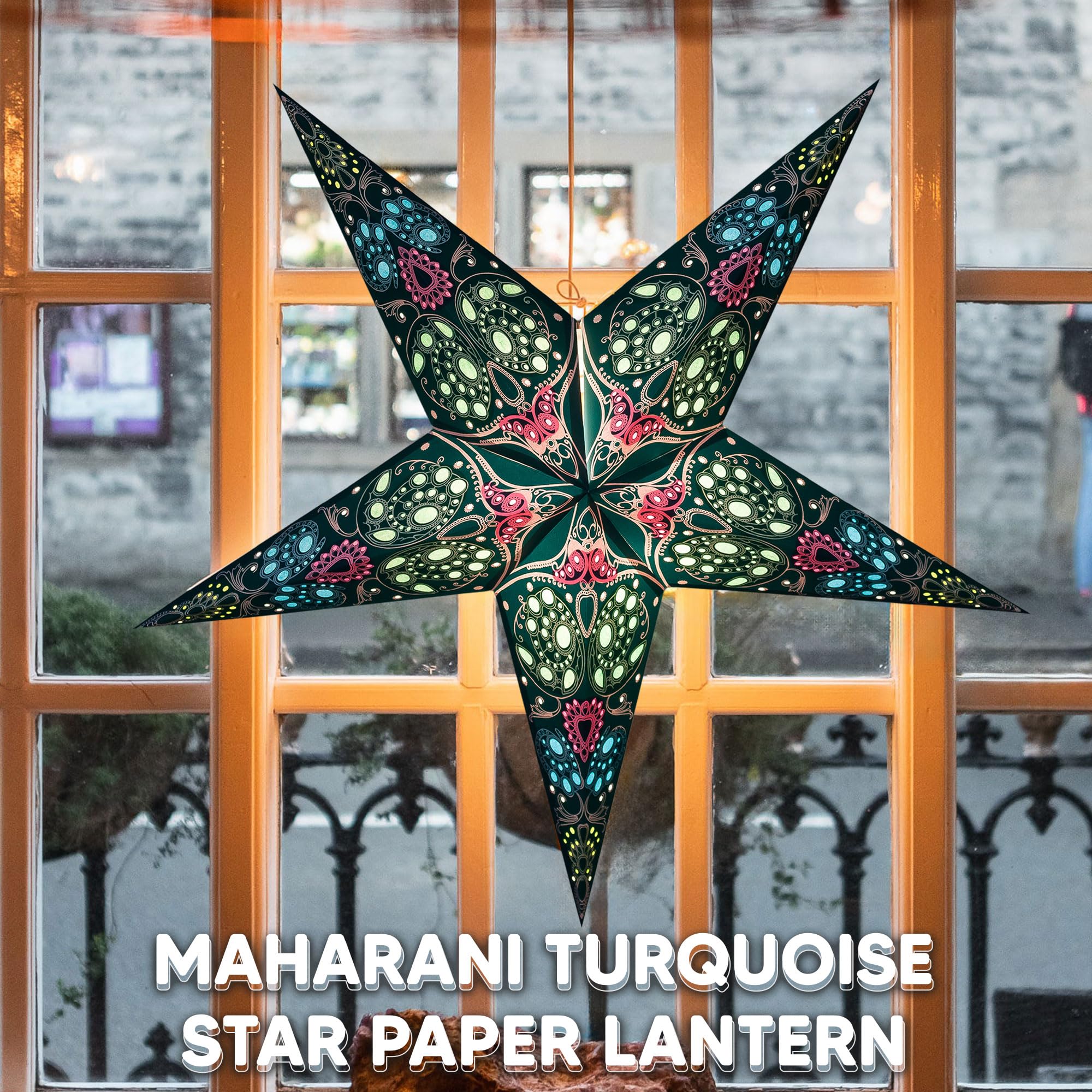 Galaxyarts Paper Star Lantern, Turquoise Maharani 24 Inch 3D 5-Pointed Light-Up Hanging Lamp, Handcrafted Hollow Home D  Cor For