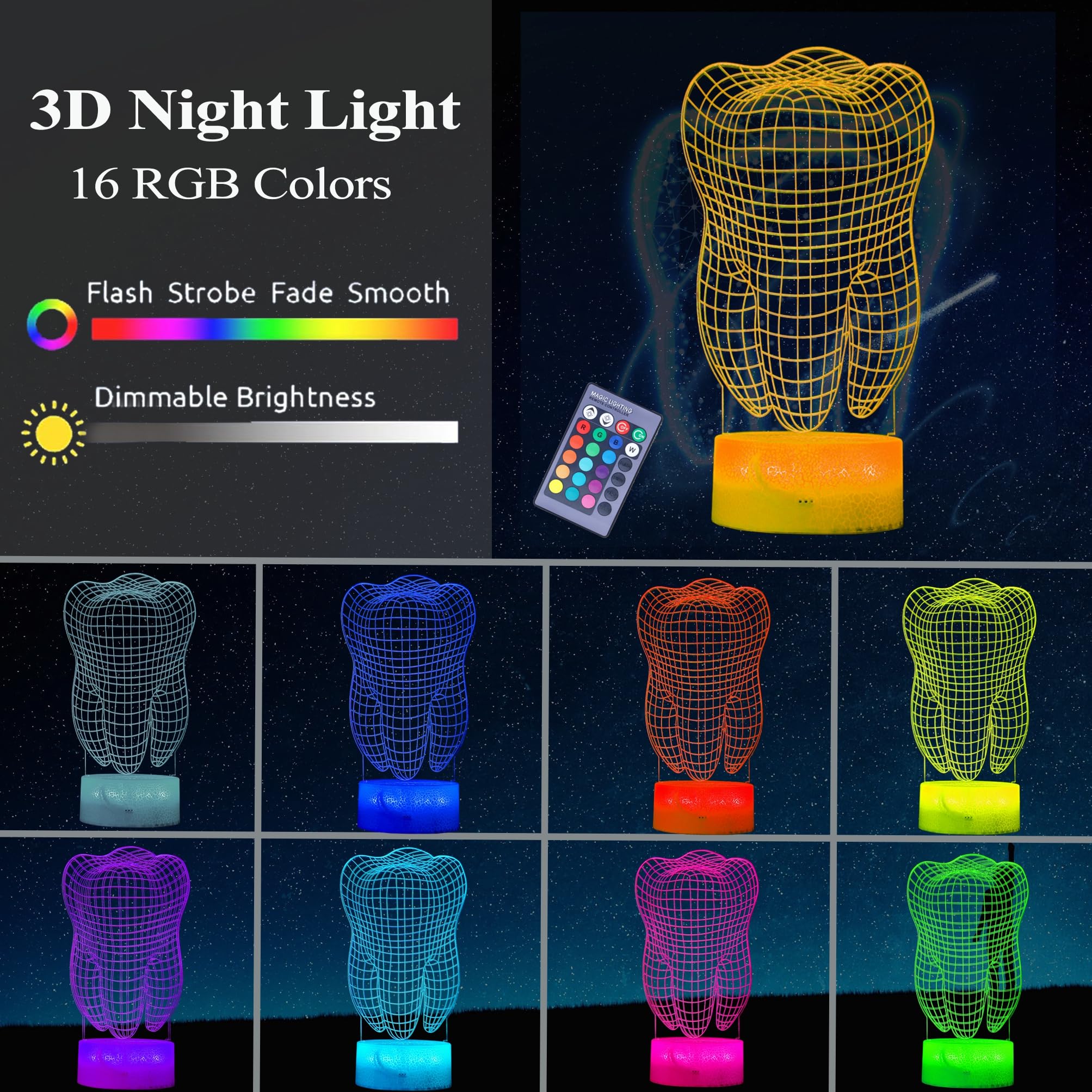Posshe Dental Gifts, 3D Tooth Night Light, 3D Illusion Lamp, 16 Colors Changing, Remote Control, Dimmable, Living Room Decoratio