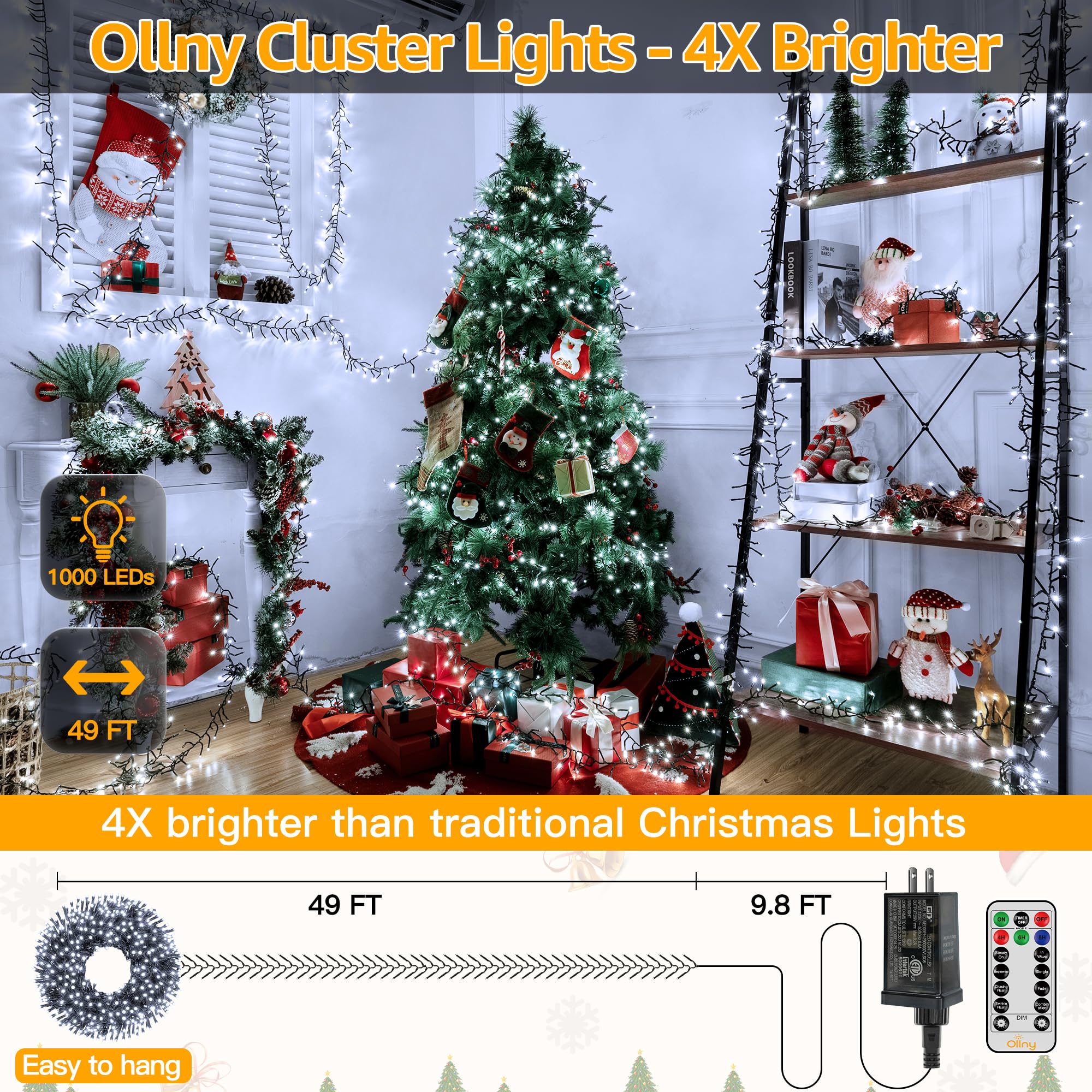 Ollny Cluster Lights Christmas 1000Led 49Ft, Cool White Christmas Tree Lights 8 Modes Timer Remote, Waterproof String Lights For
