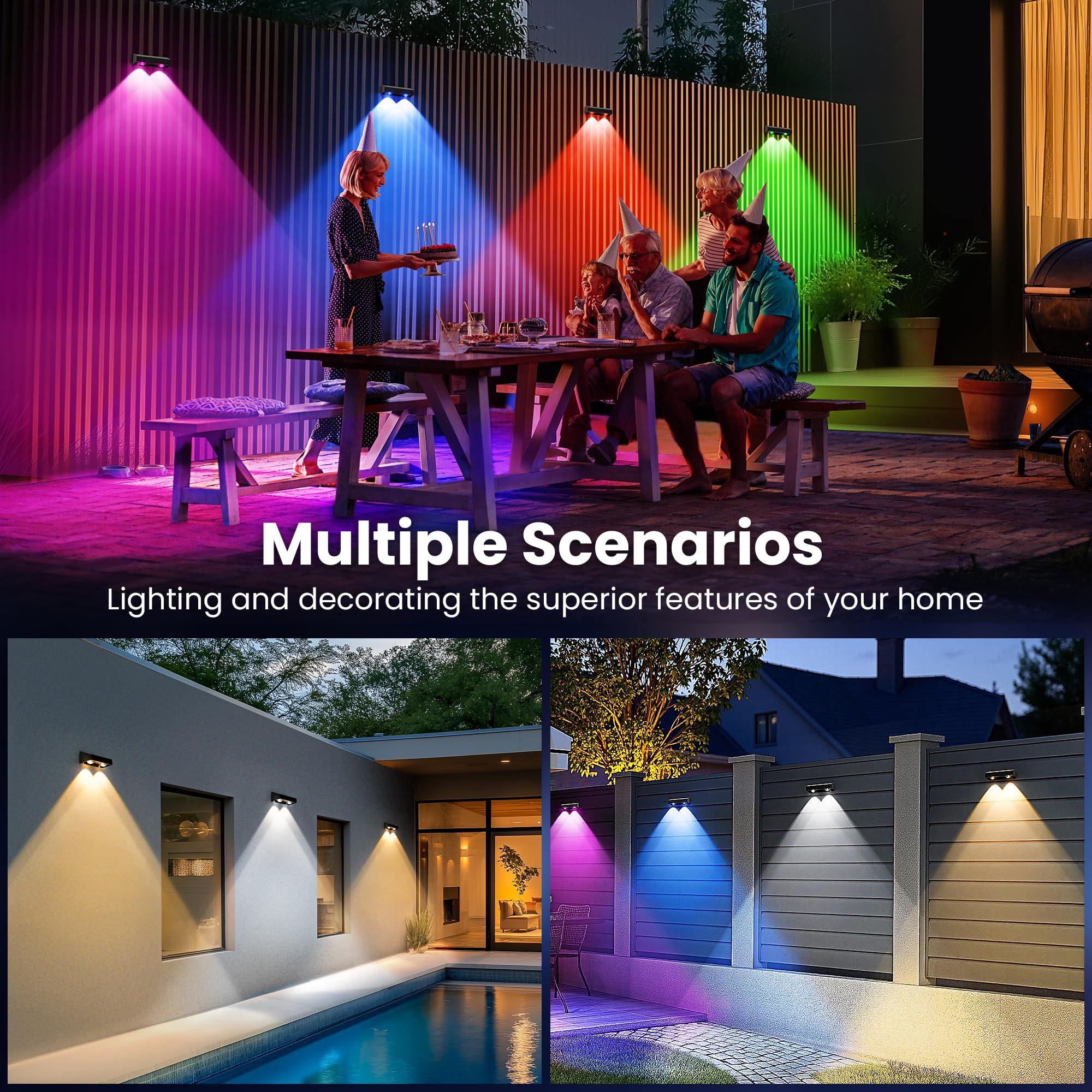 Solar Fence Lights Outdoor, Solar Wall Lights 9 Fixed Colors & Color Changing Modern Solar Powered Deck Lights For Step Stair Pa