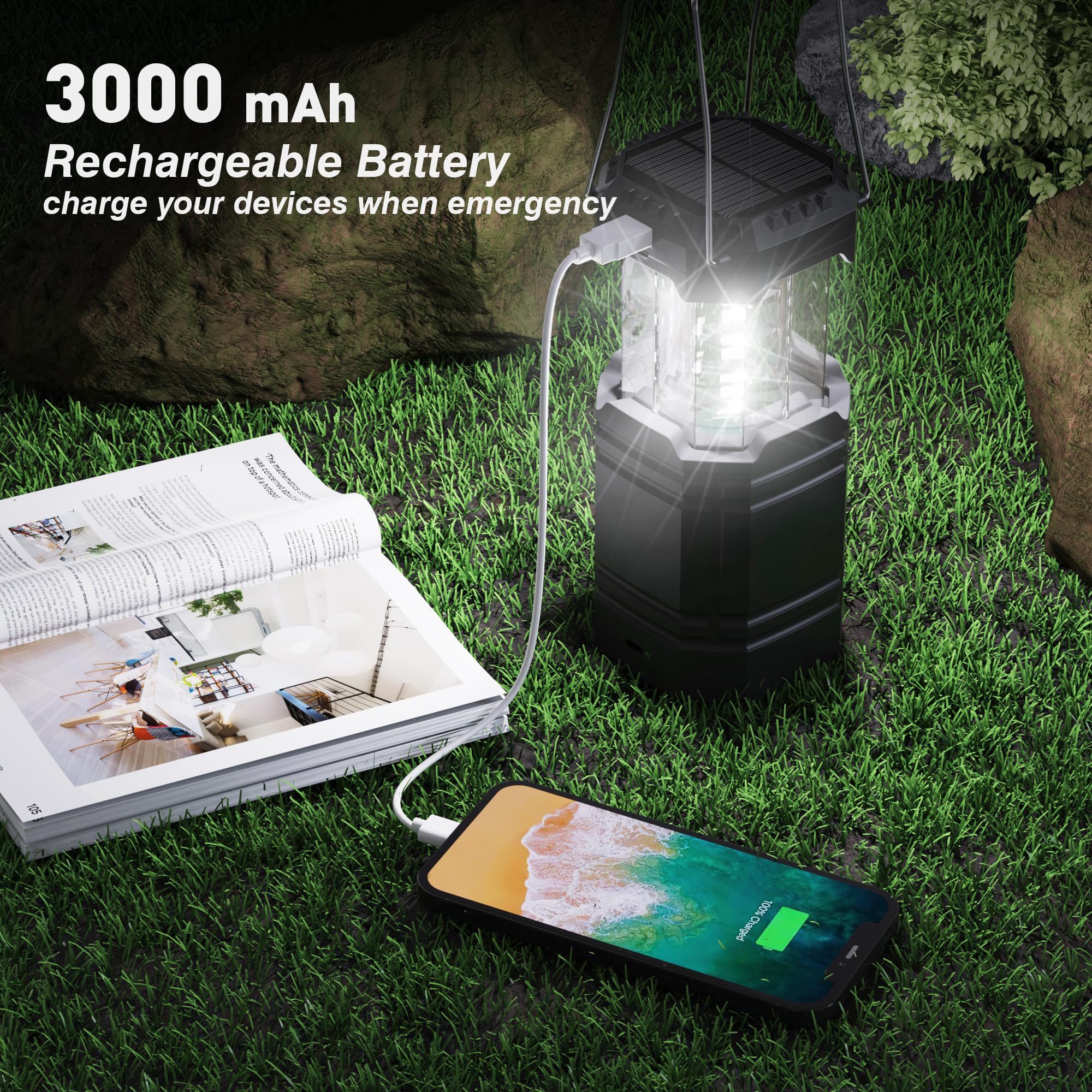 Mesqool 3000 Large Capacity Hand Crank Solar Lantern - Ultra Bright LED, 23-26 Hours Run Time, USB Charger, Black, Model CL1000