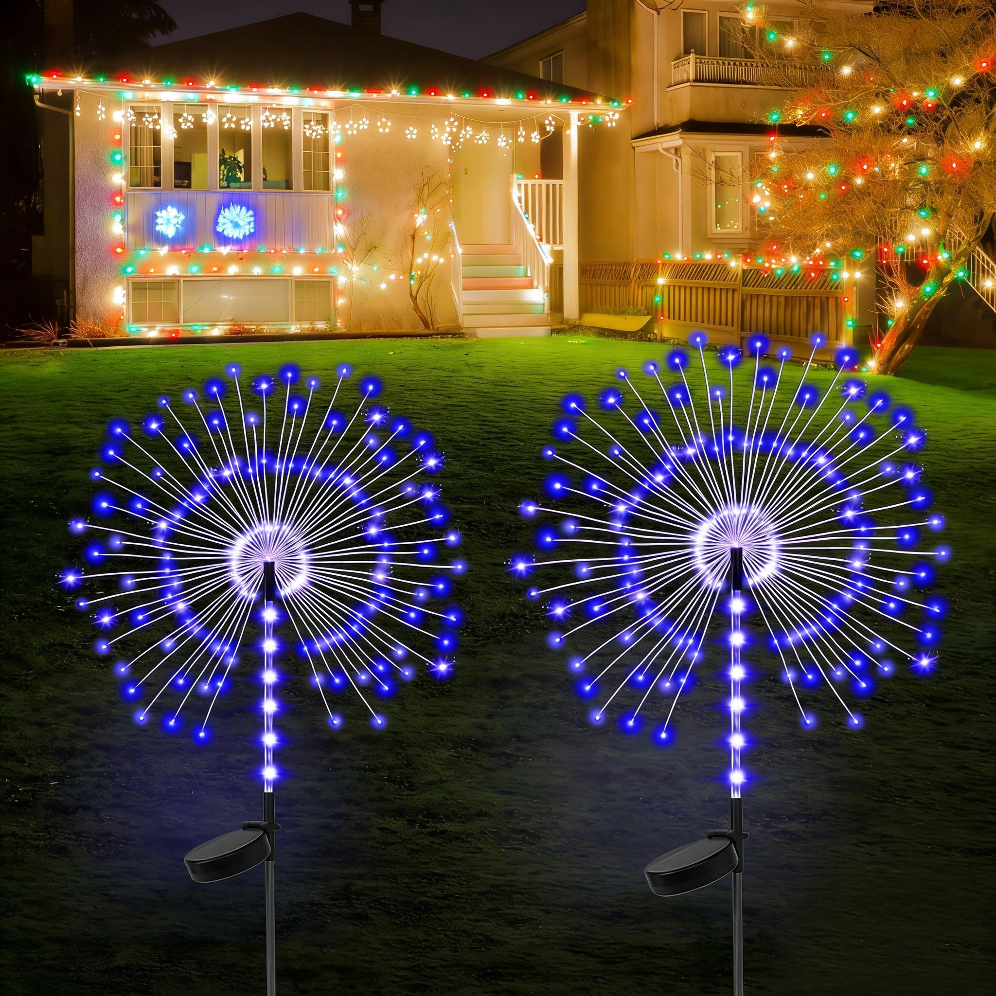 2 Pack 250LED Solar Garden Lights Outdoor  Dual Lighting Modes Firework Lights Solar Powered  Waterproof Twinkle Fairy Light Outside for Yard Patio Pathway Christmas Party Decorative(Blue)
