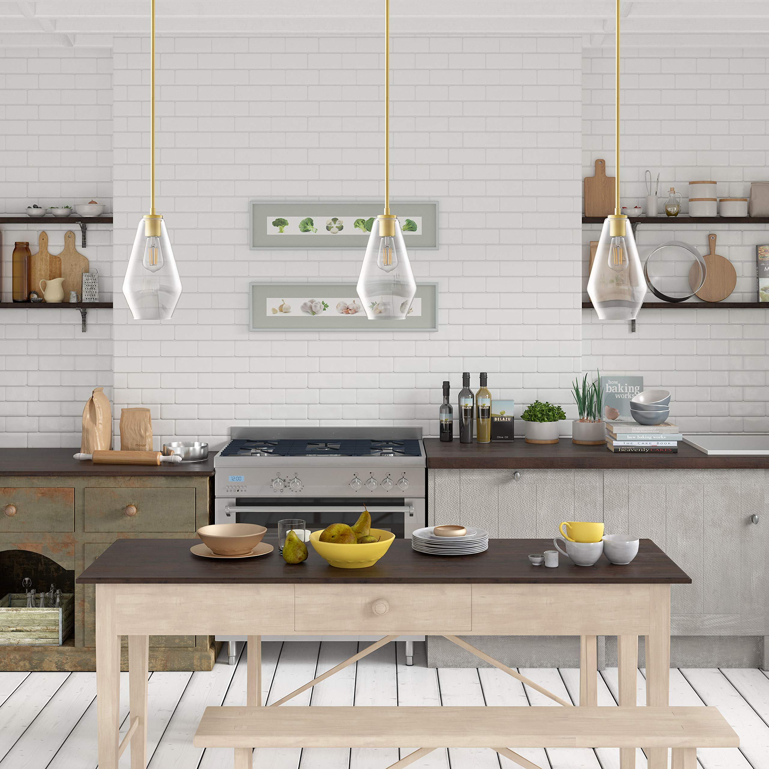 Linea di Liara Pendant Light, Modern Glass Farmhouse Design, Satin Brass, Giada Size, Model LL-P644-3SB, UL Listed