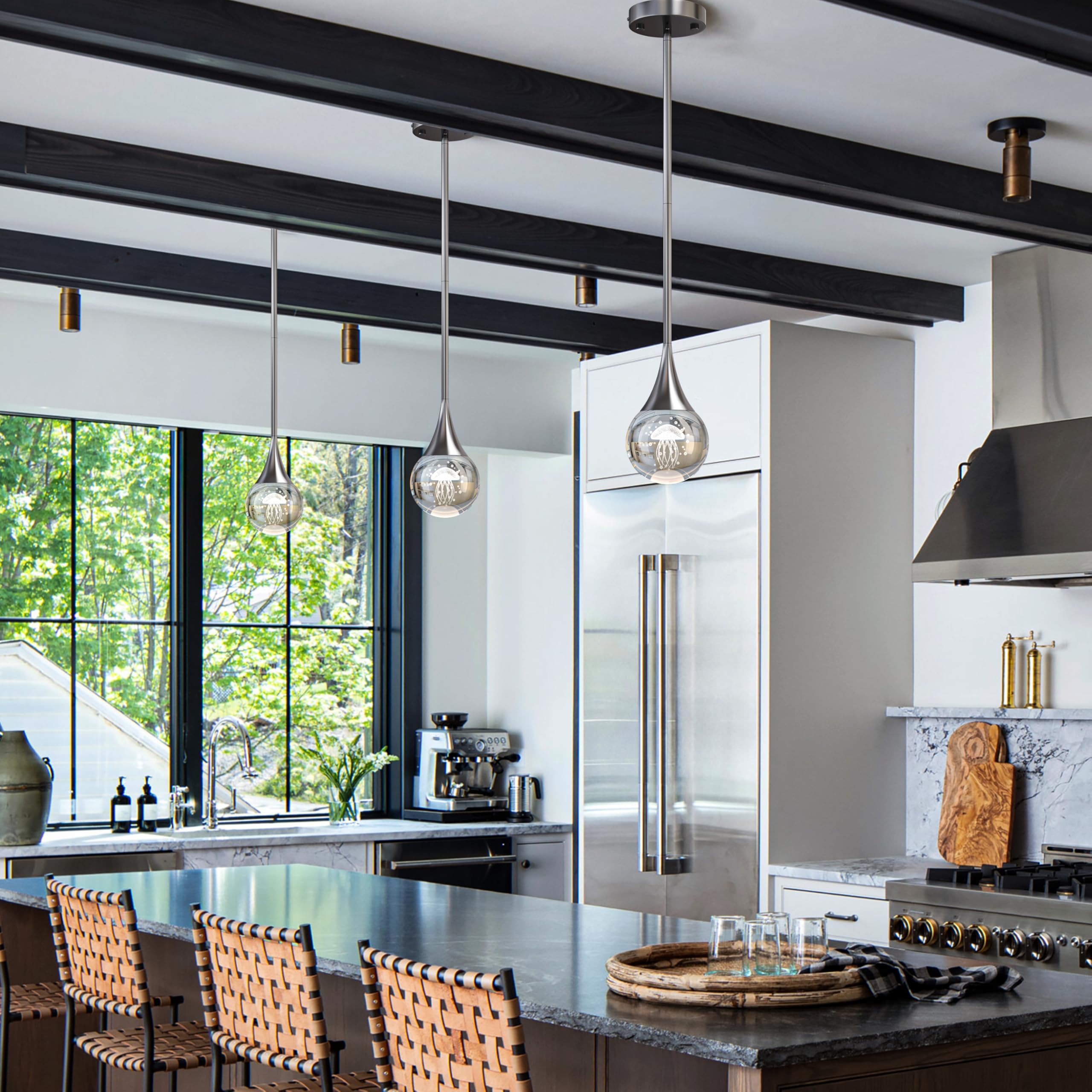 1-Pendant Lights Kitchen Island  Chrome Silver Crystal Globe Ceiling Hanging Light Fxitures  Led Lamp Metal Rod Ceiling Jellyfish Pendant Lighting For Kitchen Dining Room Bar
