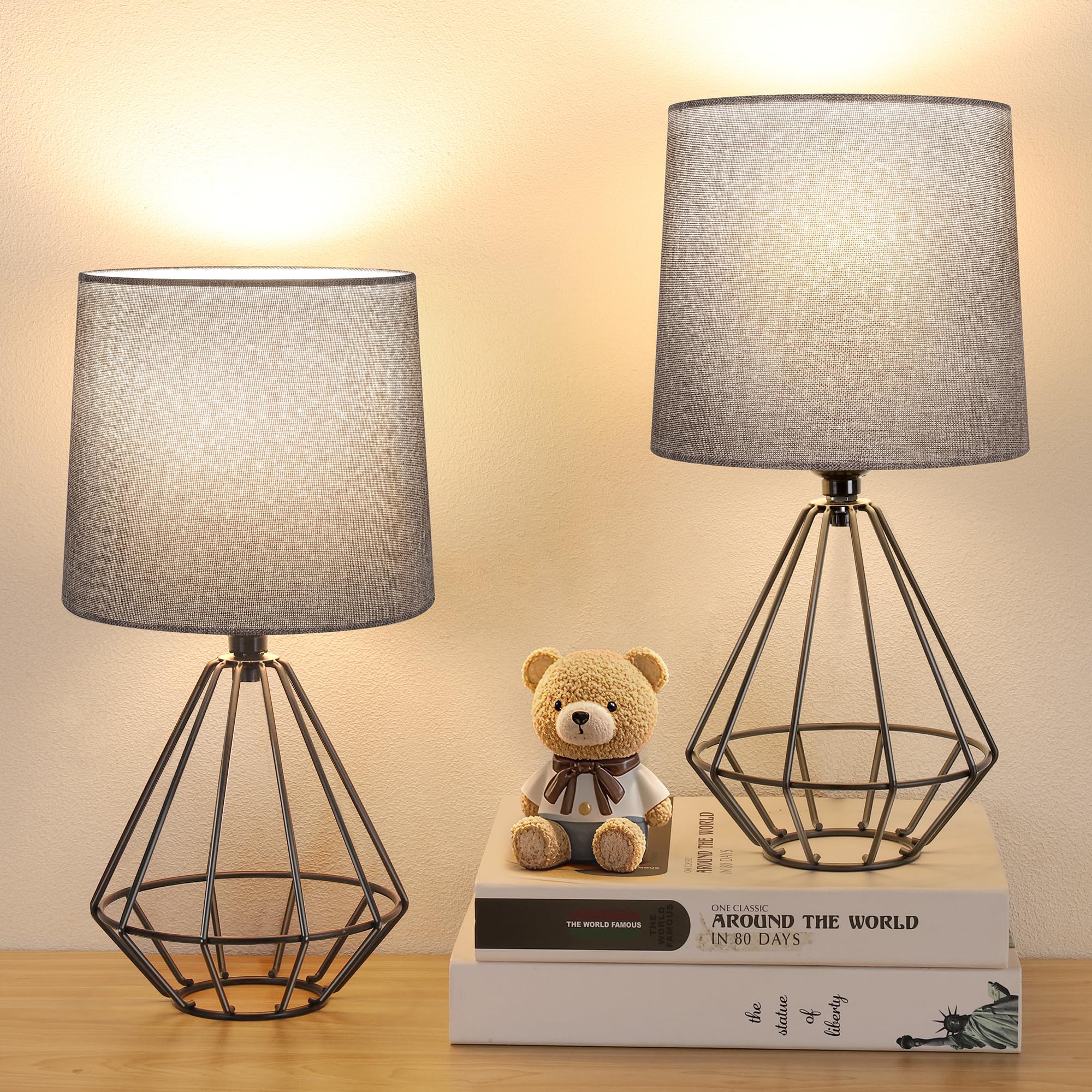 GGOYING Set of 2 Bedside Table Lamp, Black Metal Modern Lamp with Grey Fabric Shade, Simple Side Lamp for Living Room,Bedroom,Ho