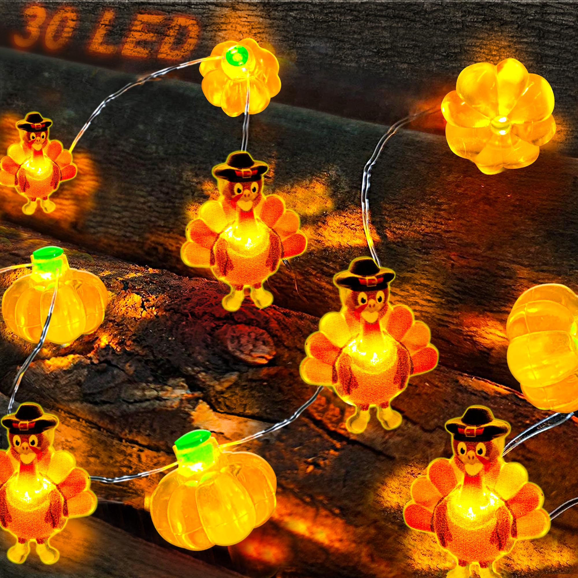 Grastfu Thanksgiving String Lights, 10 Ft 30 LED, Battery Operated, Copper Wire, Brown & Yellow, Model THX-GE-3