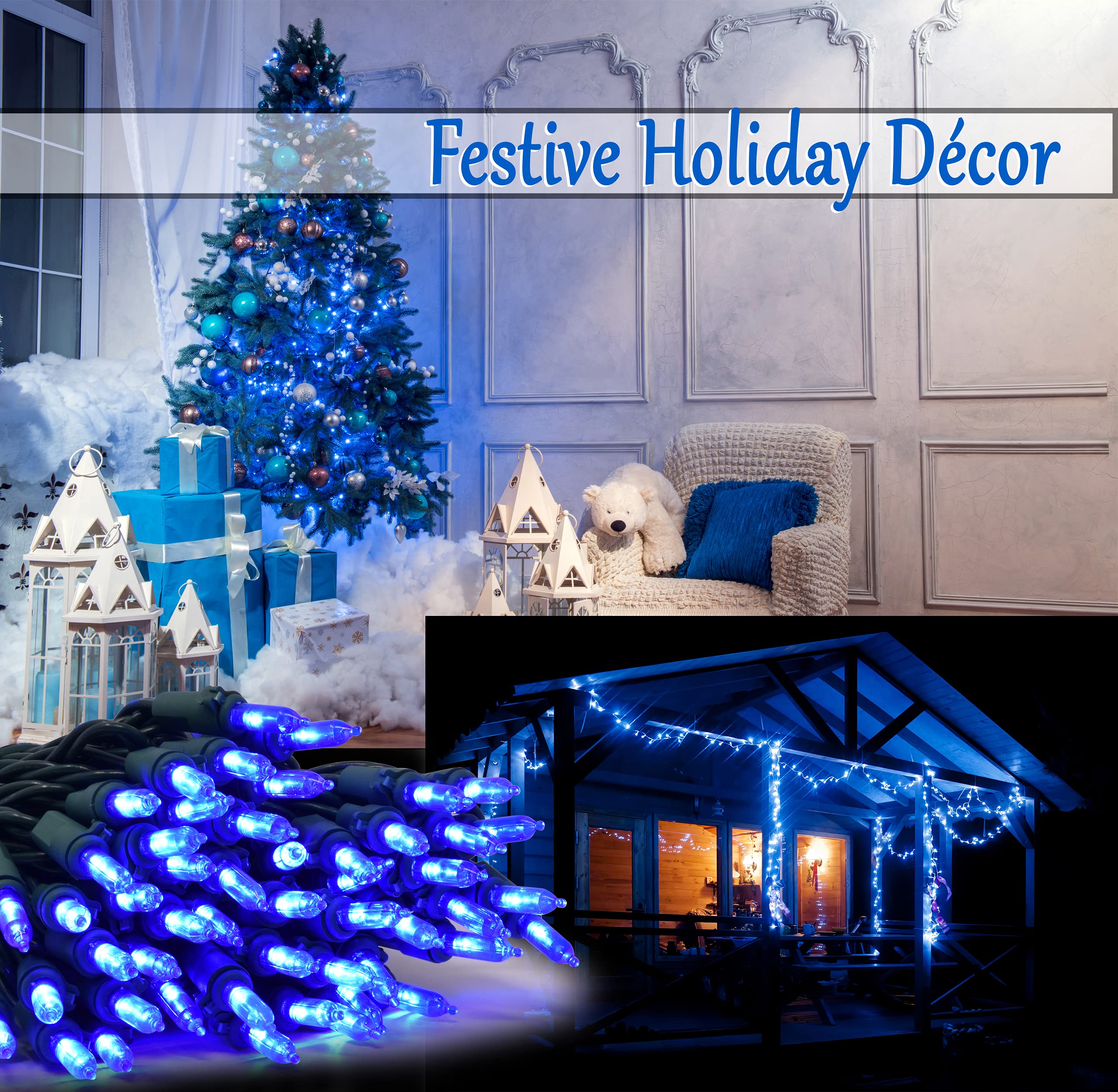 Holiday Essence Blue Led Xmas String Light 100 Count Green Wire 26.9 Ft Incandescent Hanukkah Traditional Light For Indoor Outdo