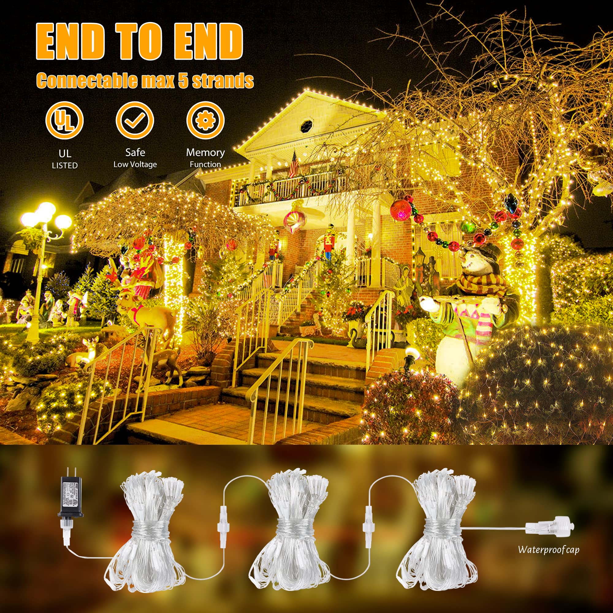 HEYFUNi 192 LED Net Lights, Waterproof Christmas Mesh Lights, 9.8ft x 6.6ft, Warm White, Model QX-U-O-N-192-A-C