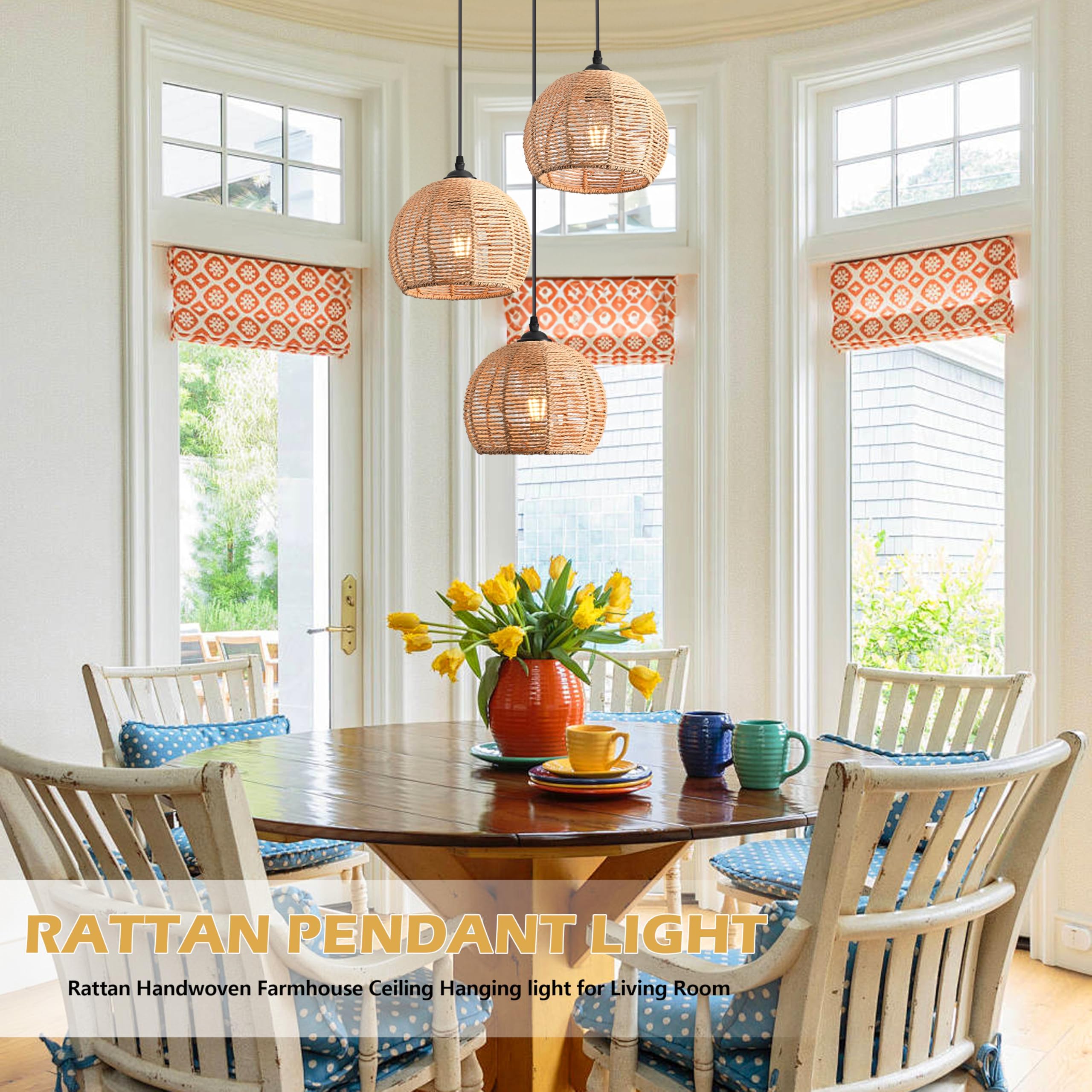 3-Light Mini Hemp Rope Woven Pendant Light Kitchen Island,3 Dome Hand Woven Boho Rattan Chandelier Farmhouse Wicker Ceiling Ligh