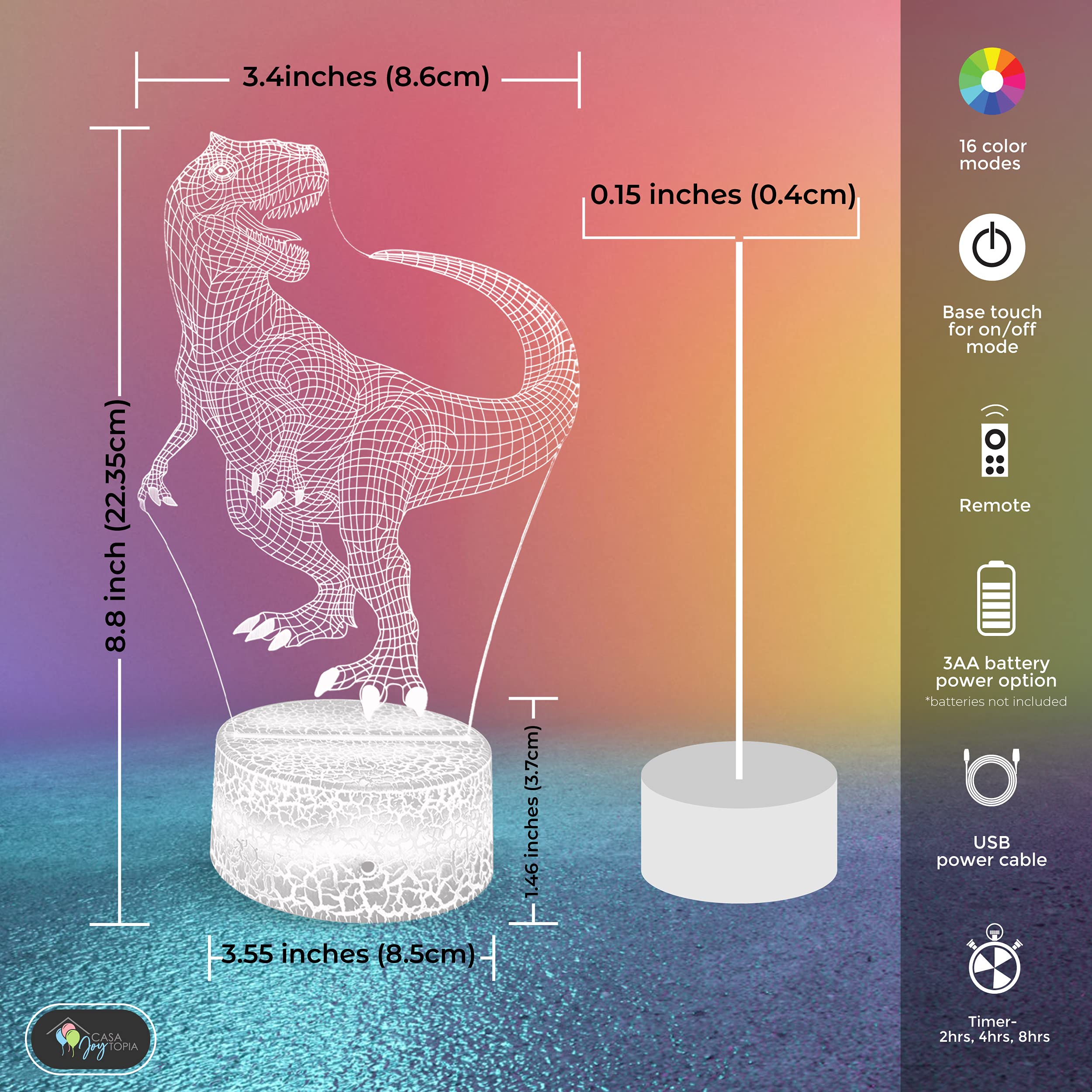 Casa Joytopia Creative 3D Night Light Effect - Night Light For Kids Room - 16 Colors, 2Hr 4Hr 8Hr Timer, Remote, Flashing, Fading, And Dimmer Options (Dinosaur)