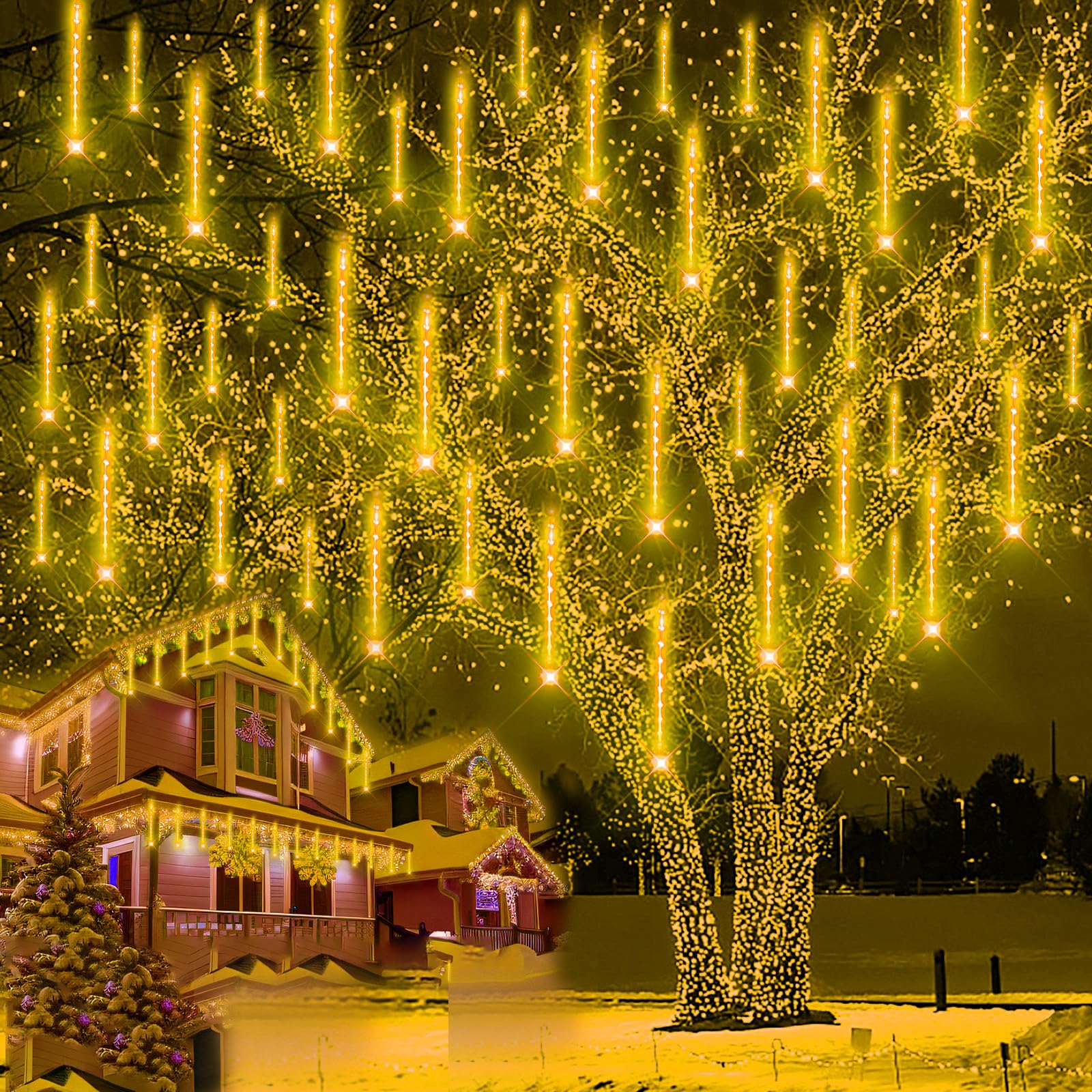 Purtuemy Christmas Lights Outdoor, Meteor Shower 12 inch, 8 Tubes, 192 LED, Warm White, 10.5ft, UL Plug