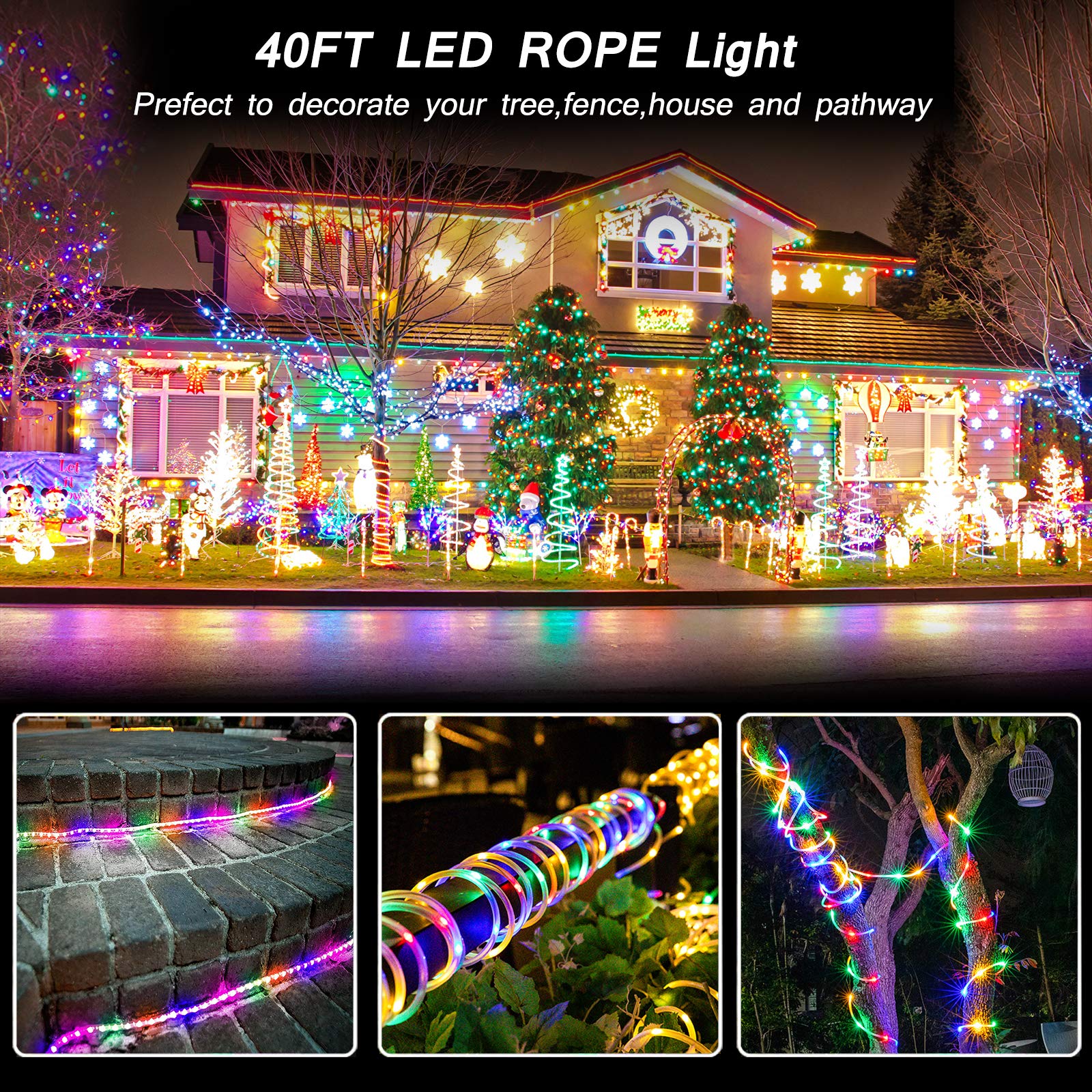 Bebrant LED Rope Lights 40Ft 120 LEDs Multi-Colored Waterproof with Remote