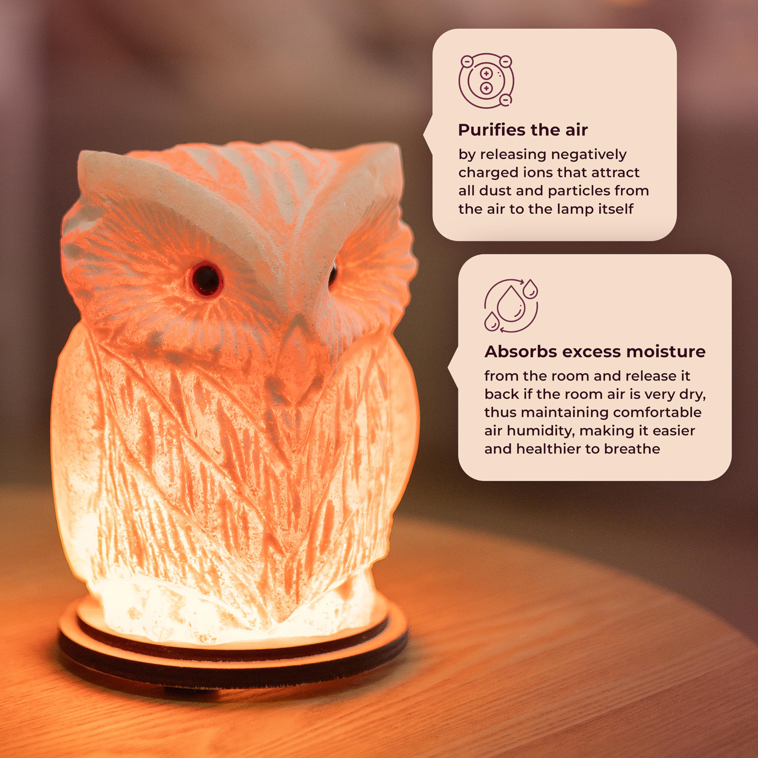 Owl Crystal Salt Lamp H 6.7   , 4.4 Lbs - Pure Natural Rock Salt - Unique Night Light Lamp - 1 Light Bulb As A Gift - Wooden Pre