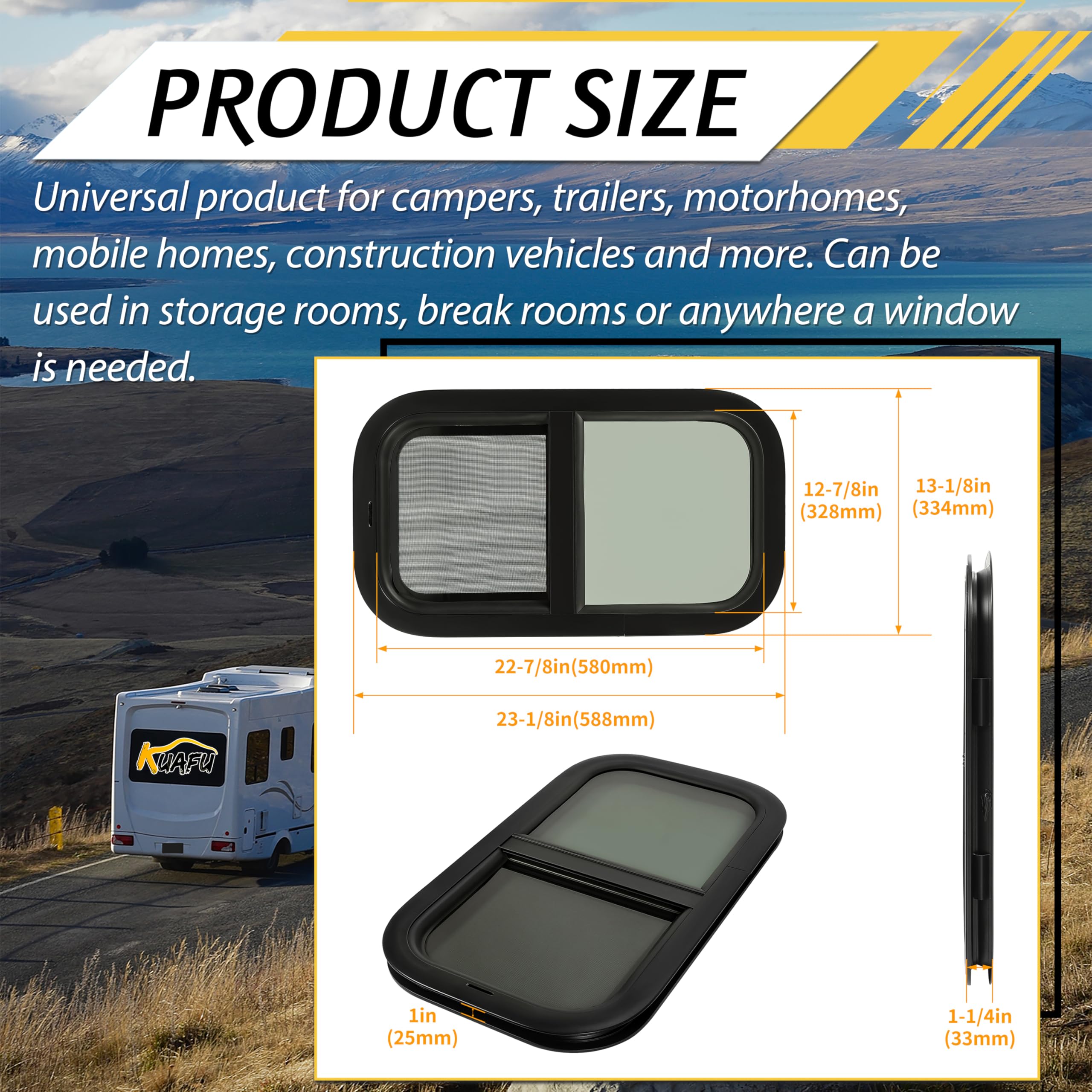 KUAFU RV Vertical Sliding Window 12" x 22" Tinted Glass Replacement - Model GO-2735