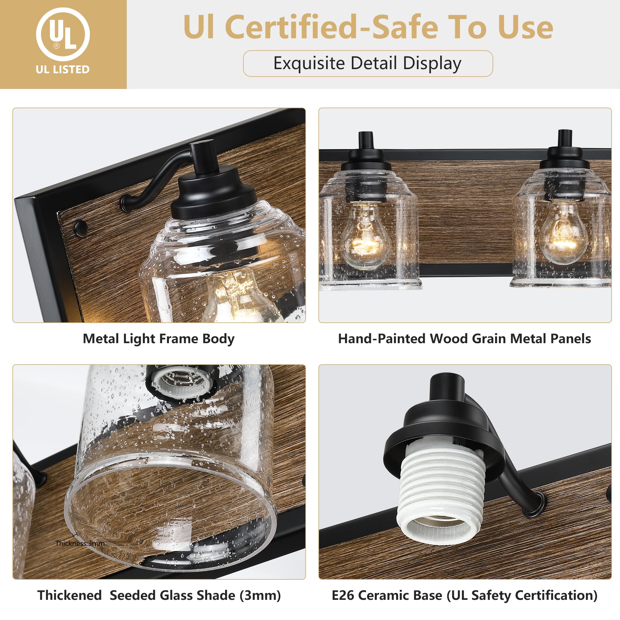 YKLITG 23in Farmhouse Bathroom Vanity Light, 3-Light Brown Metal with Bubble Glass Shades, Model BD005-3-DW