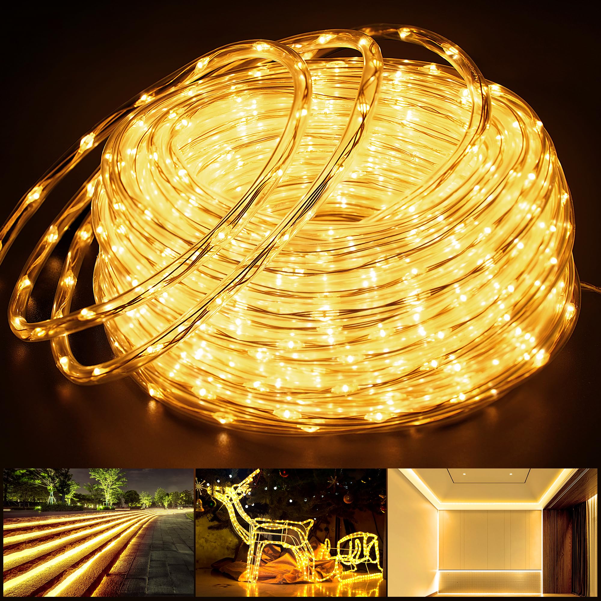Connectable 66ft 800 LED Rope Lights Outdoor, Warm White Strip Lights Plug in, Outdoor String Lights Waterproof Decorative Lighting for Deck Patio Yard Garden Pathway Pool Camping Room Indoor Décor