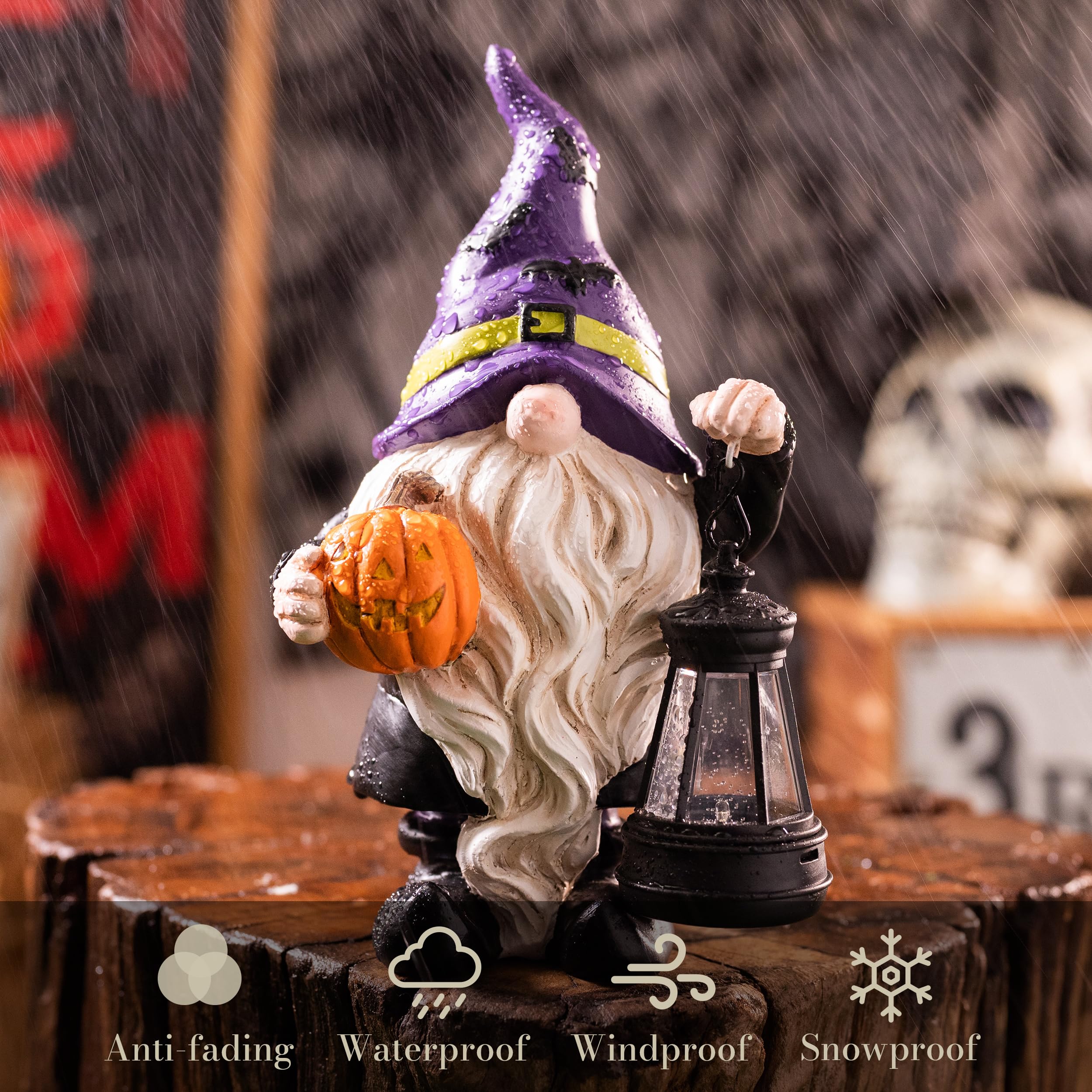 TeresaS Collections Halloween Decorations Garden Gnomes Statues With Solar Lights Cute Purple Bat Hat Resin Decor With Lantern For Home Table Outdoor Yard Pumpkin Jack-O-Lanterns Gifts For Party 8
