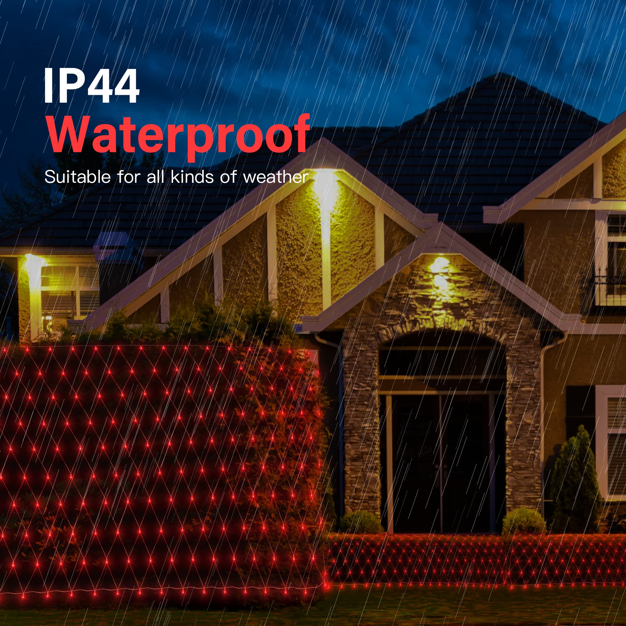 woohaha Outdoor Christmas Net Lights, 192 LED, 9.8FTx6.6FT, 8 Lighting Modes, Red, Model QX-U-O-N-192-R-C