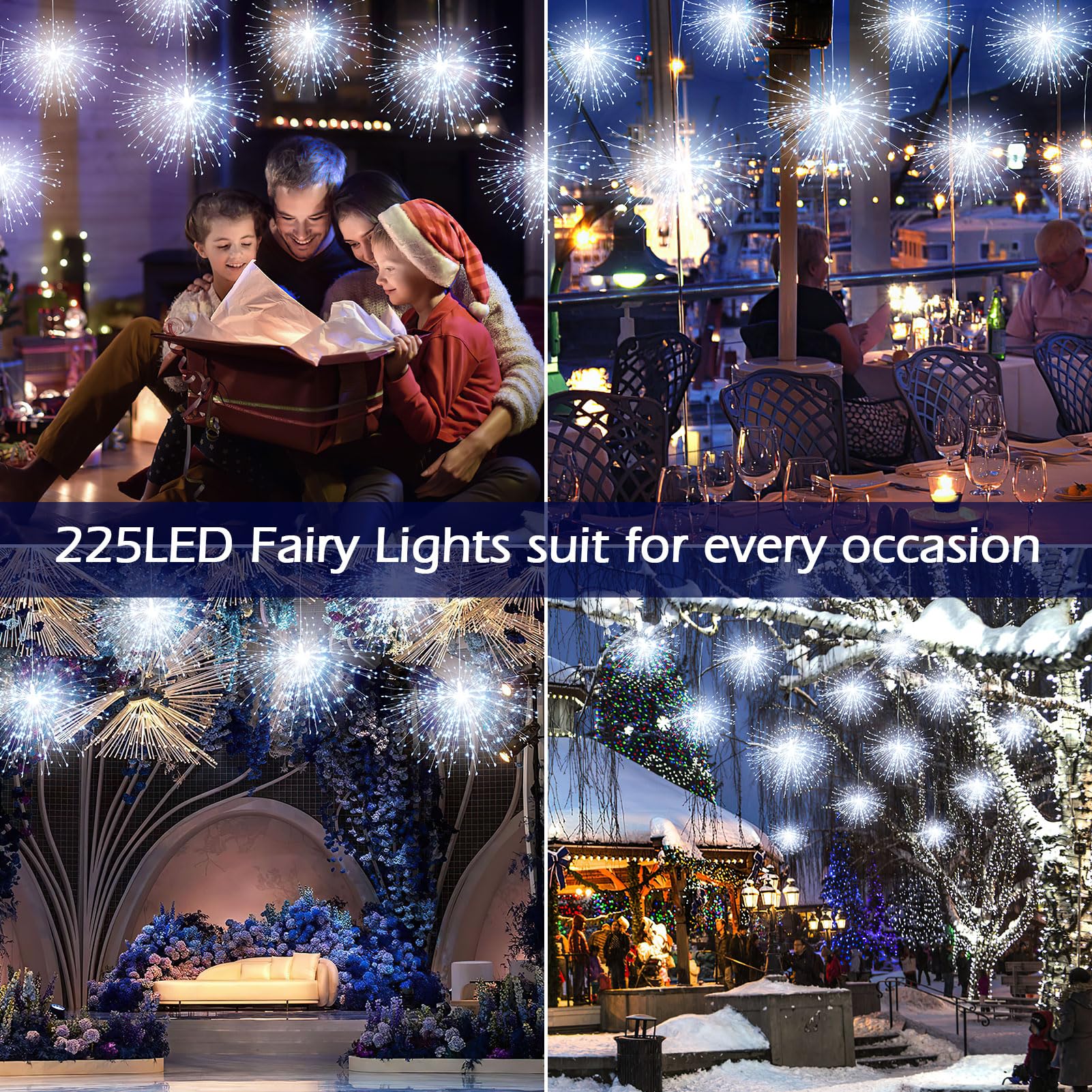 LetsFunny Fairy String Lights, 225 LED, 8 Modes, Dimmable, 4 Pack, Cool White, Copper, Model LH-BOM-YHD225