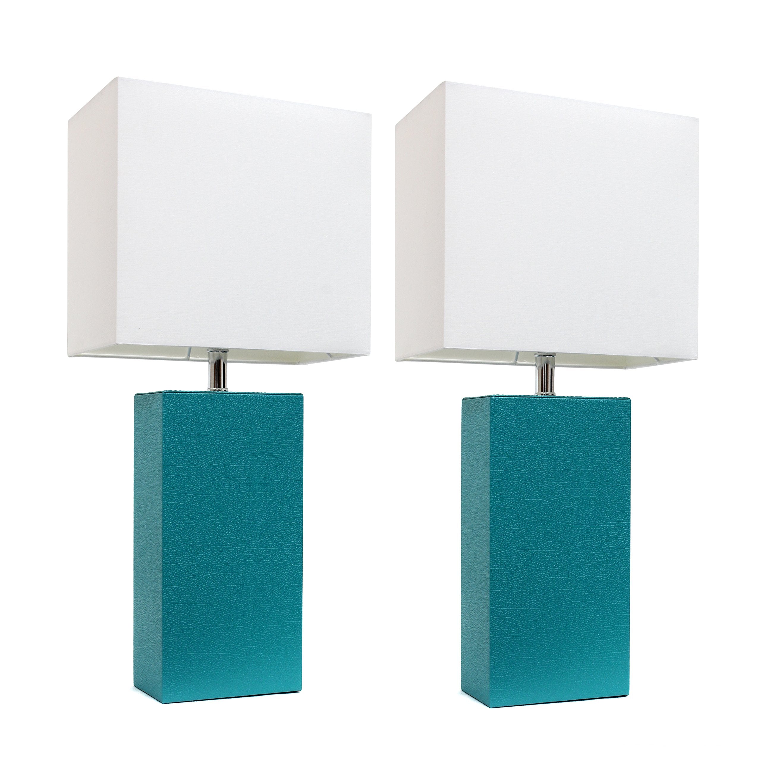 Elegant Designs LC2000-TEL-2PK 2 Pack Modern Leather Table Lamps with White Fabric Shades  Teal