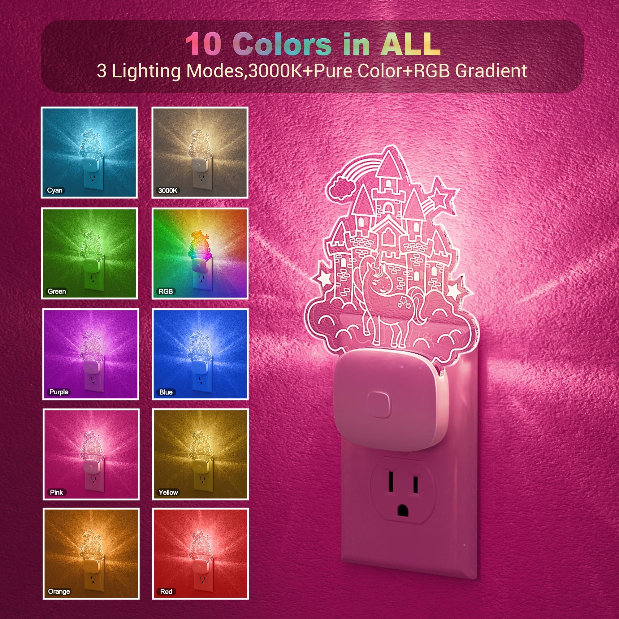 Jandcase Led Kids Night Light  2 Pack Plug In Night Light  10 Color Changing Castle Night Light With Dusk To Dawn Sensor  Acrylic Rgb Nightlight For Kids Girls Bedroom  Gifts For Girls