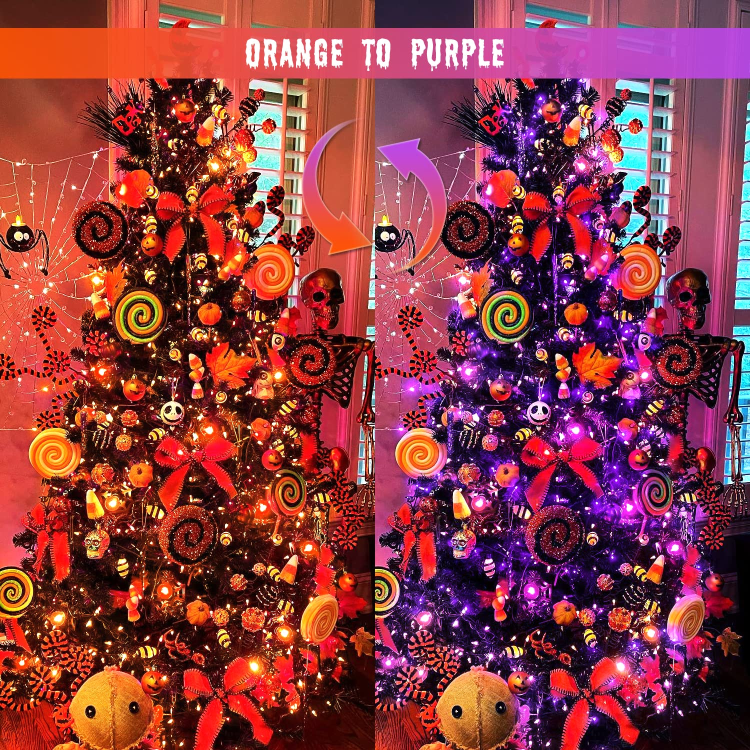 JMEXSUSS Solar Halloween Lights, 100 LED Color Changing String Lights, 33ft, 2 Pack, Orange to Purple, Waterproof, 8 Modes