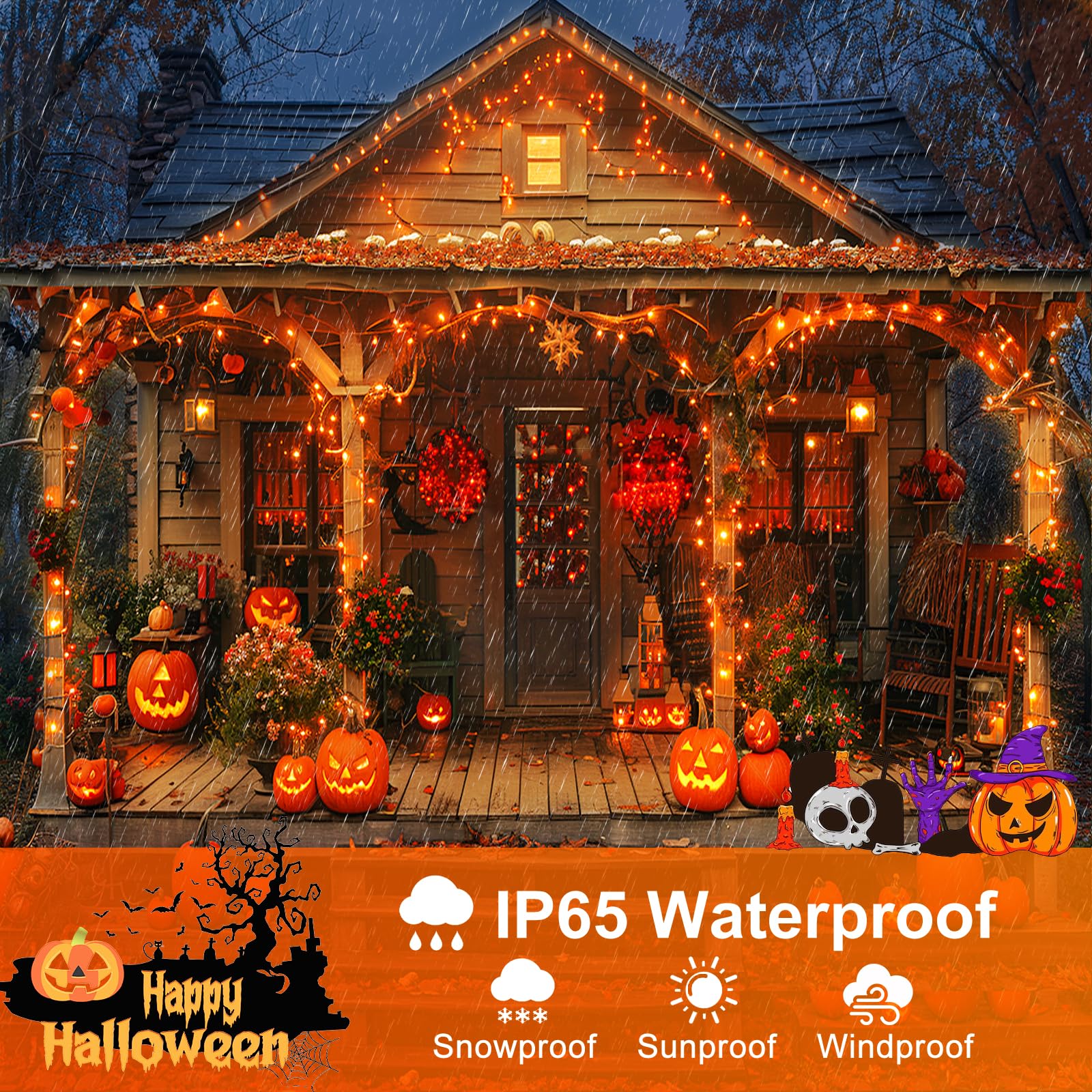 Nielfoi Halloween String Lights, 200FT 600 LED, Orange, Waterproof, 8 Modes, Plug-in for Indoor/Outdoor Decorations