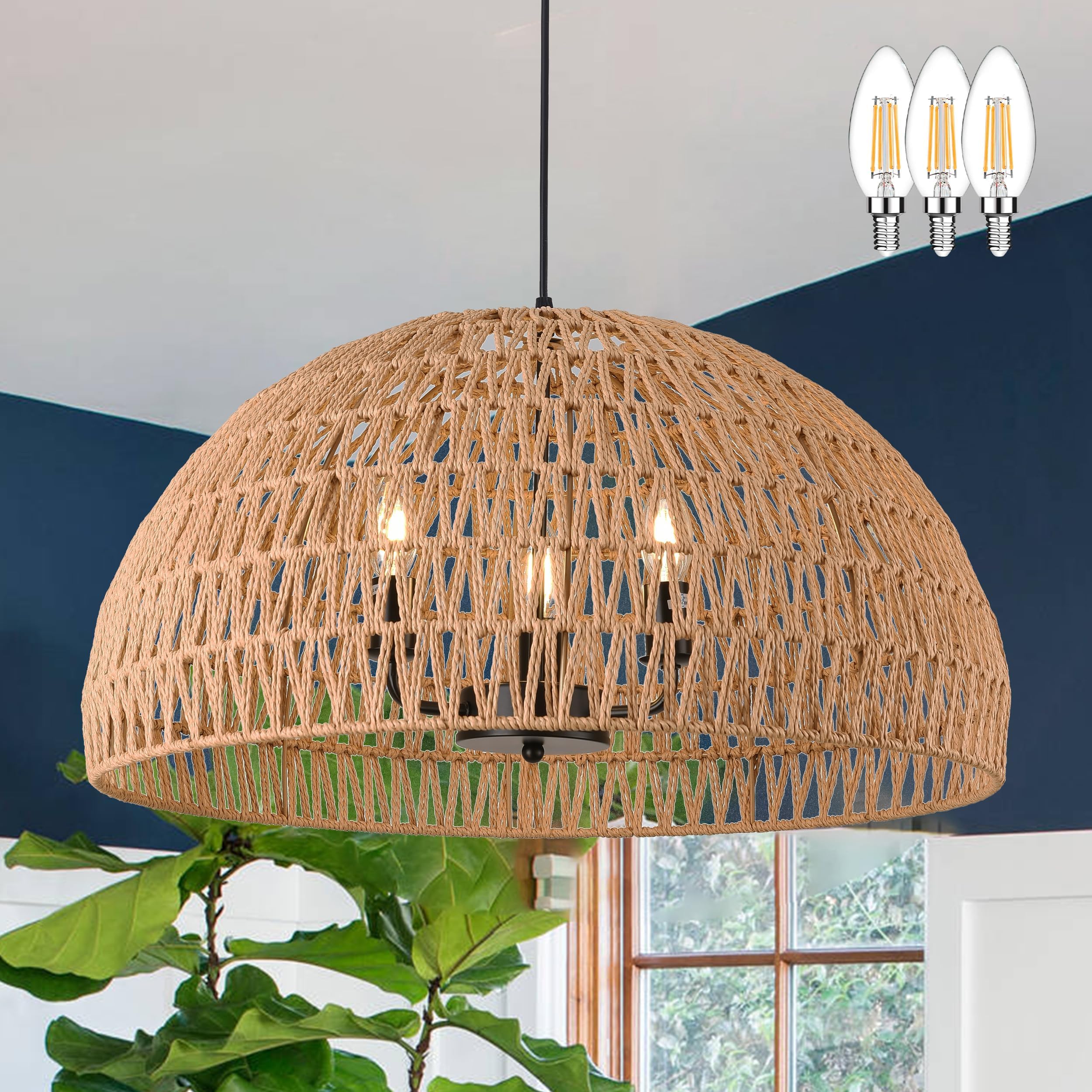 Ayshwilldec 24&quot; Brown Woven Pendant Light - Boho Chandelier For Dining Room, Living Room, Kitchen