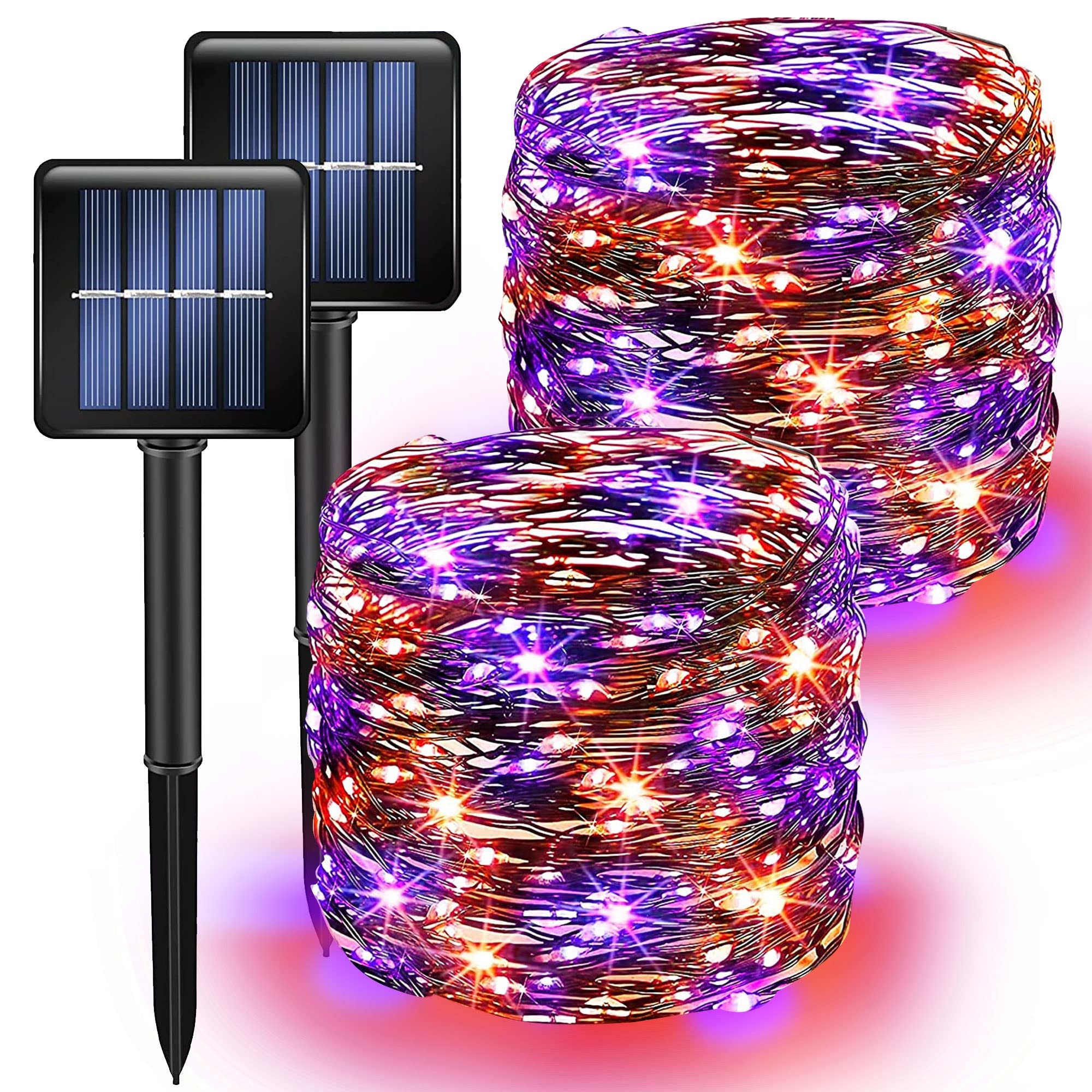 Purple And Orange Solar Halloween Lights Outdoor, Total 80 Ft 240 Led Solar Powered Waterproof Fairy Lights 8 Modes Copper Black