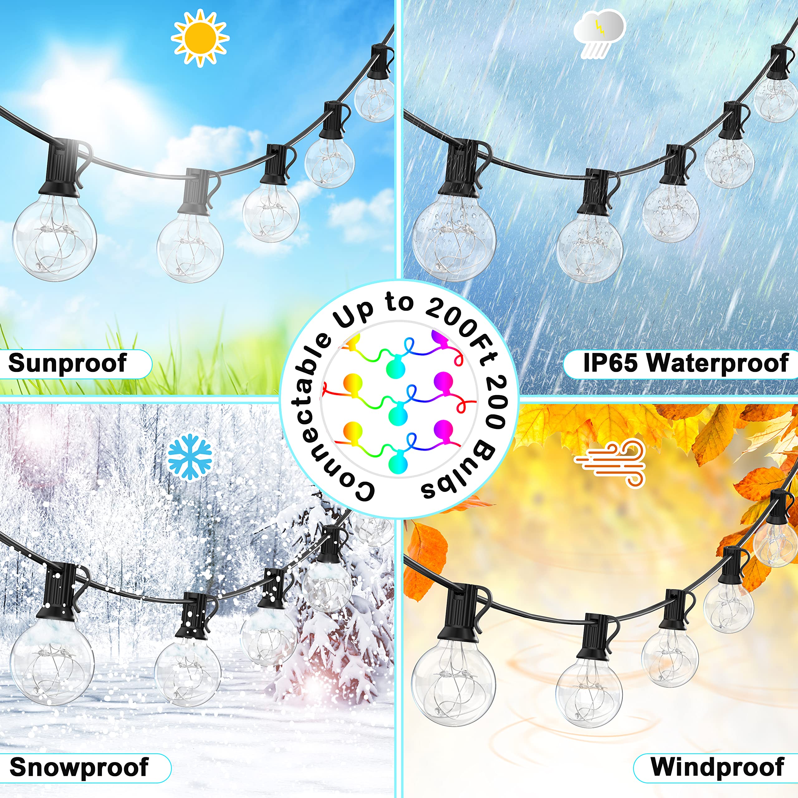 OMIKA 50FT Waterproof Outdoor String Lights, 50+2 Dimmable G40 Bulbs, 18 Colors Changing, Connectable for Patio & Backyard Parties