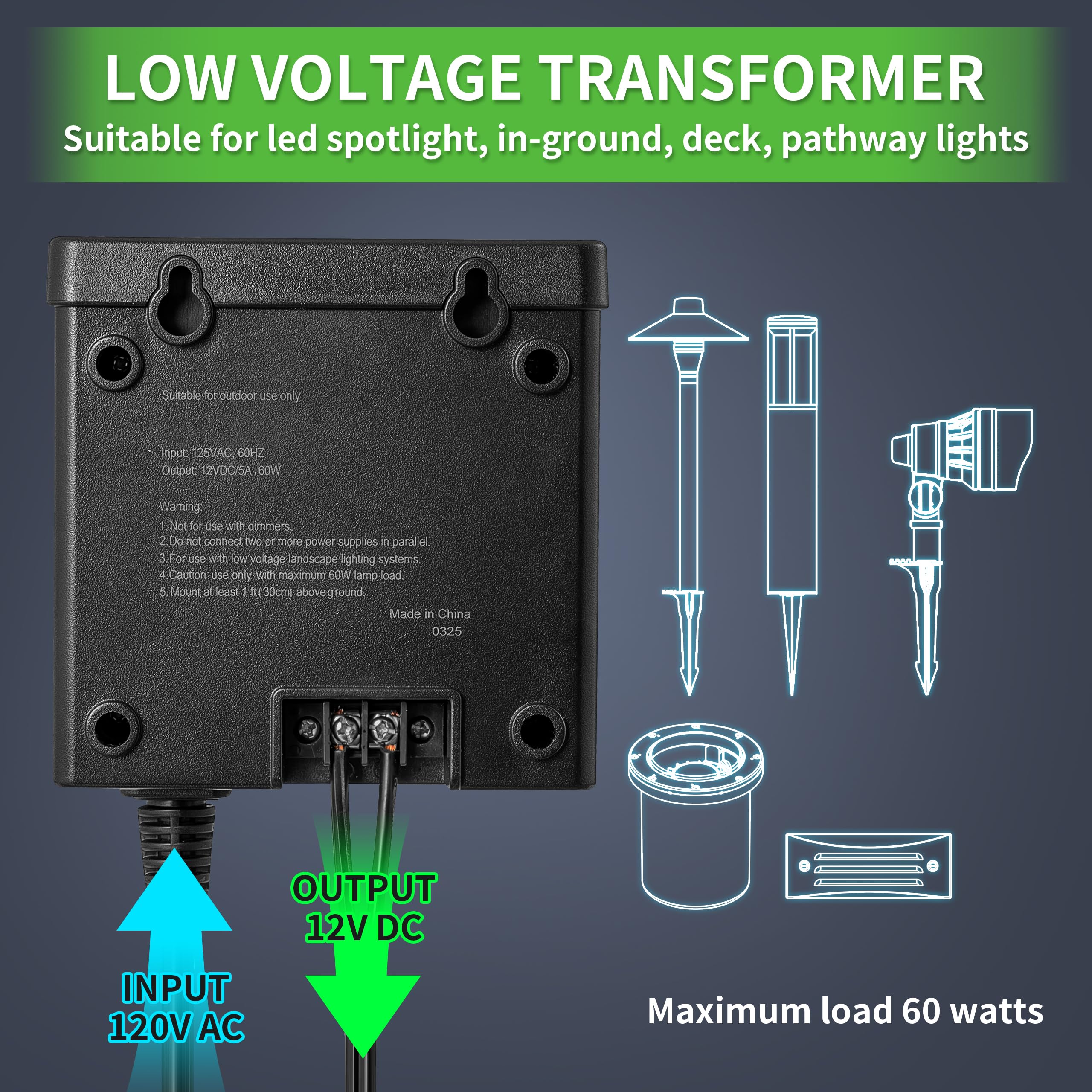 QITIM 60W Low Voltage Landscape Transformer with Timer and Photocell Sensor, 120V AC to 12V DC, Dusk to Dawn and 2/4/6/8/10 Coun