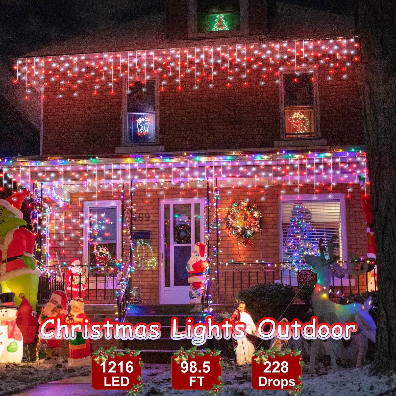 99Ft Red And White Christmas Lights  1216 Led Icicle Lights For Outside  Clear Wire Twinkle Light With 8 Modes Timer Waterproof For House Window Party Tree Holiday Patio Yard Home Decoration