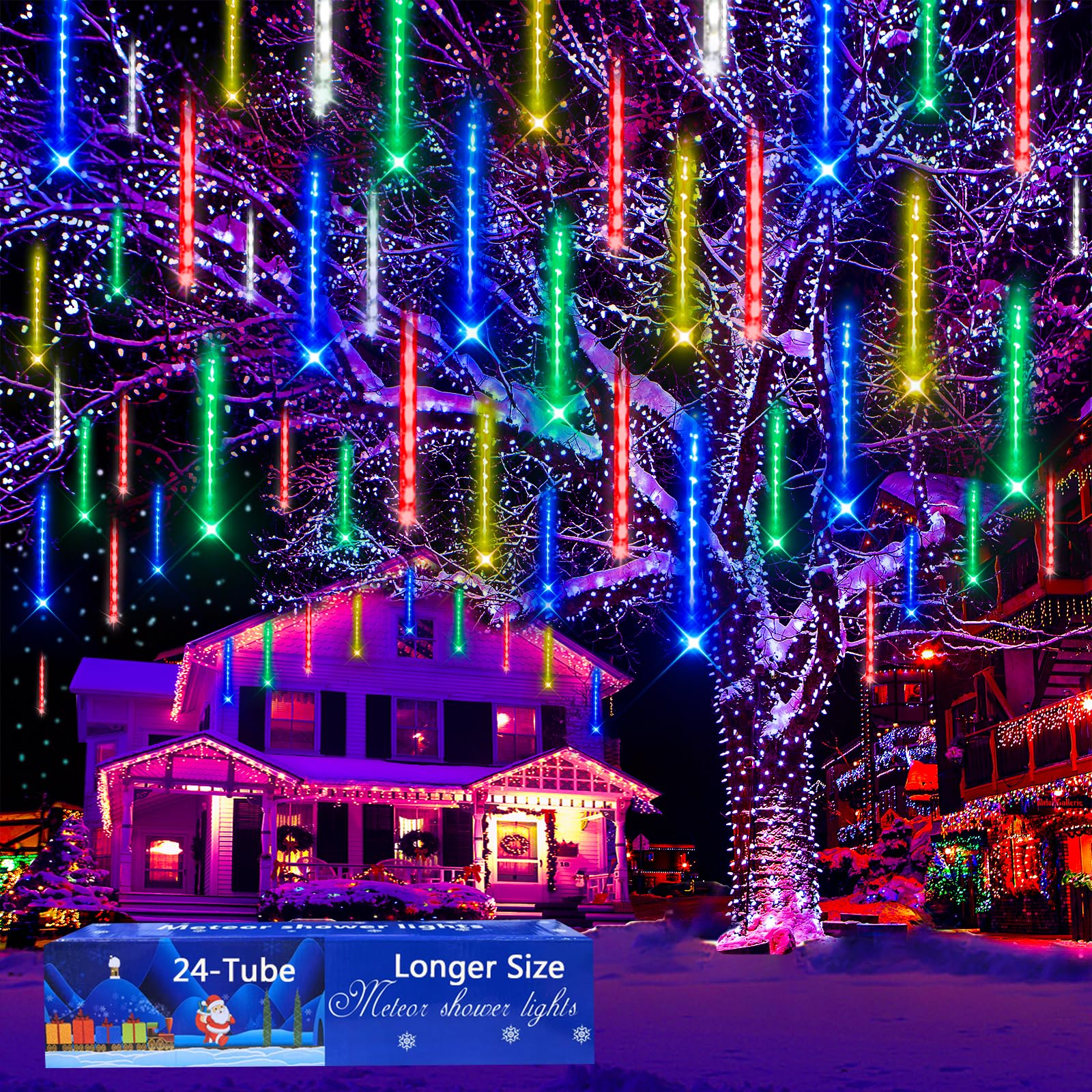 Aokudoni Christmas Lights 24 Tubes Meteor Shower Lights Outdoor, Indoor Outside Christmas Decorations Icicle Snow Falling Rain L