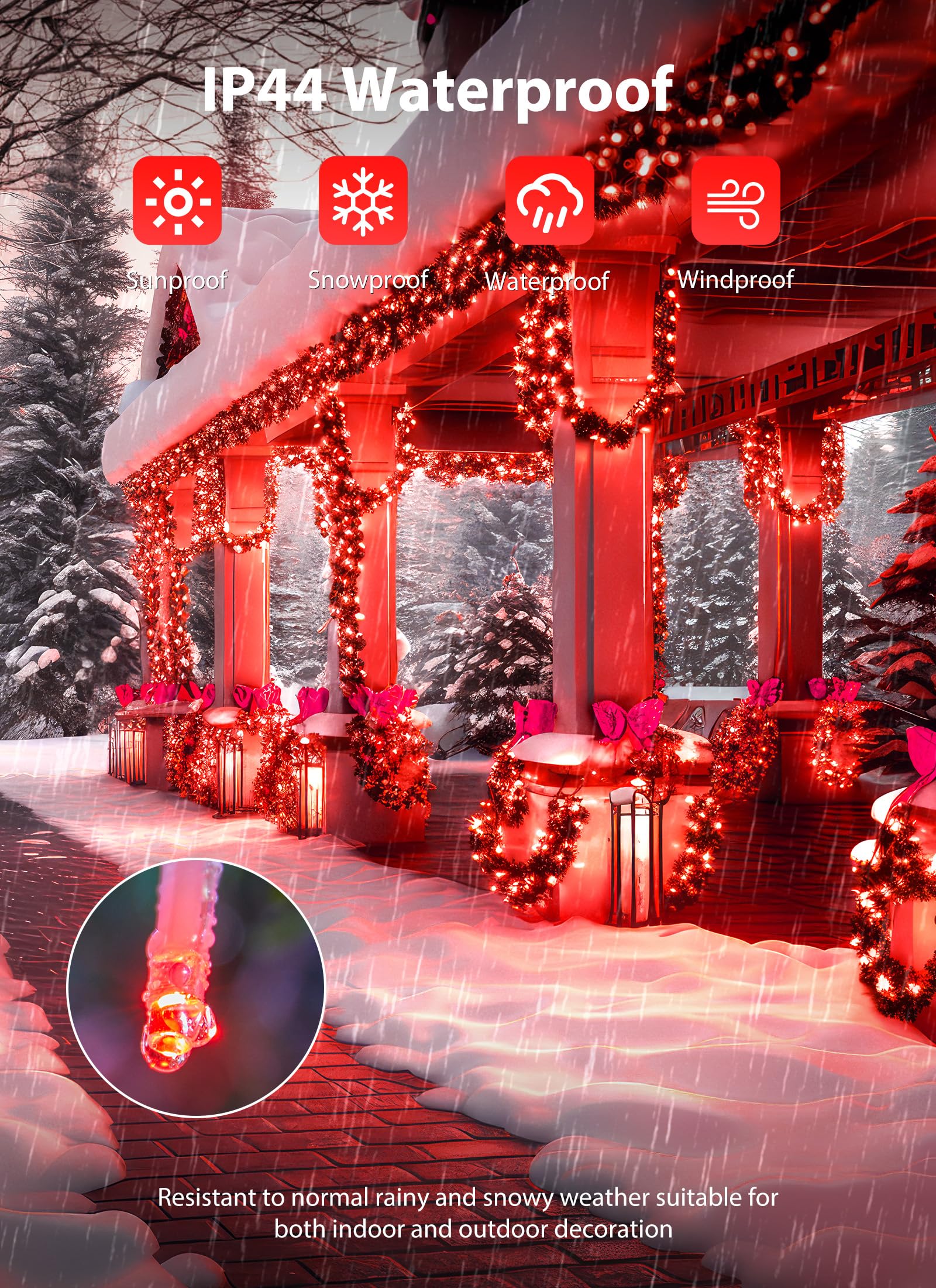 Minetom Christmas Cluster Lights - 200 LED, 10FT, Waterproof, 12 Modes, Red, Model DMO-S-200
