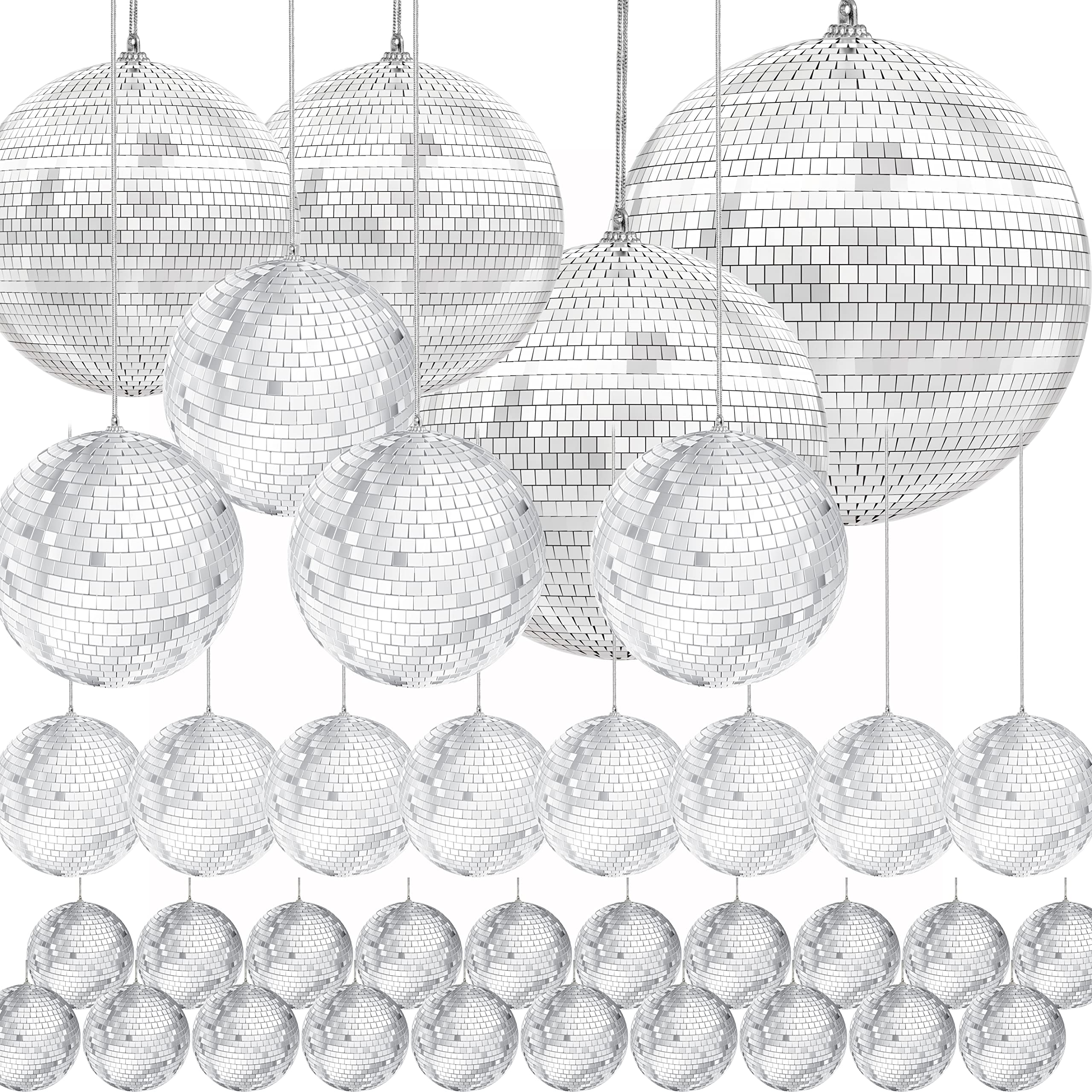 The Dreidel Company Mirror Disco Ball 108-Mega Pack Variety, Silver Hanging Ball With Attached String For Ring, Reflects Light,