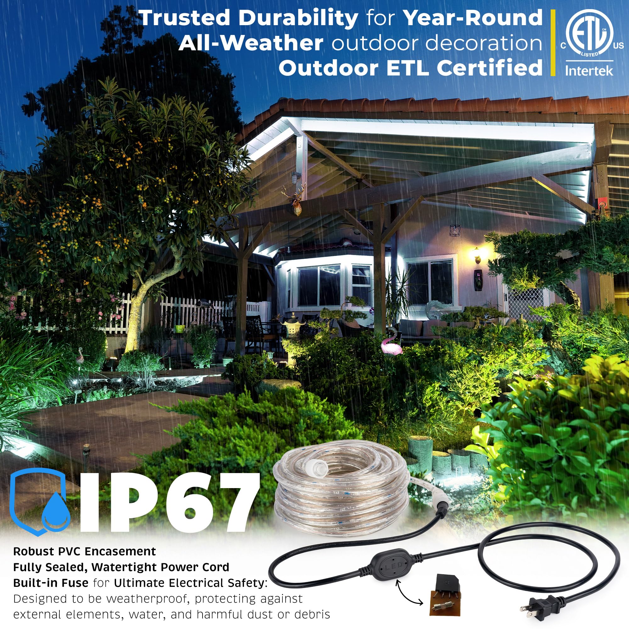 Wyzworks 216Leds, 20Ft Led Rope Light, Connectable Waterproof Permanent Outdoor Clear Pvc Tube, Etl Certified, Christmas Trees Holiday Decorative Landscape Backyard Patio Accent Lighting - Cool White
