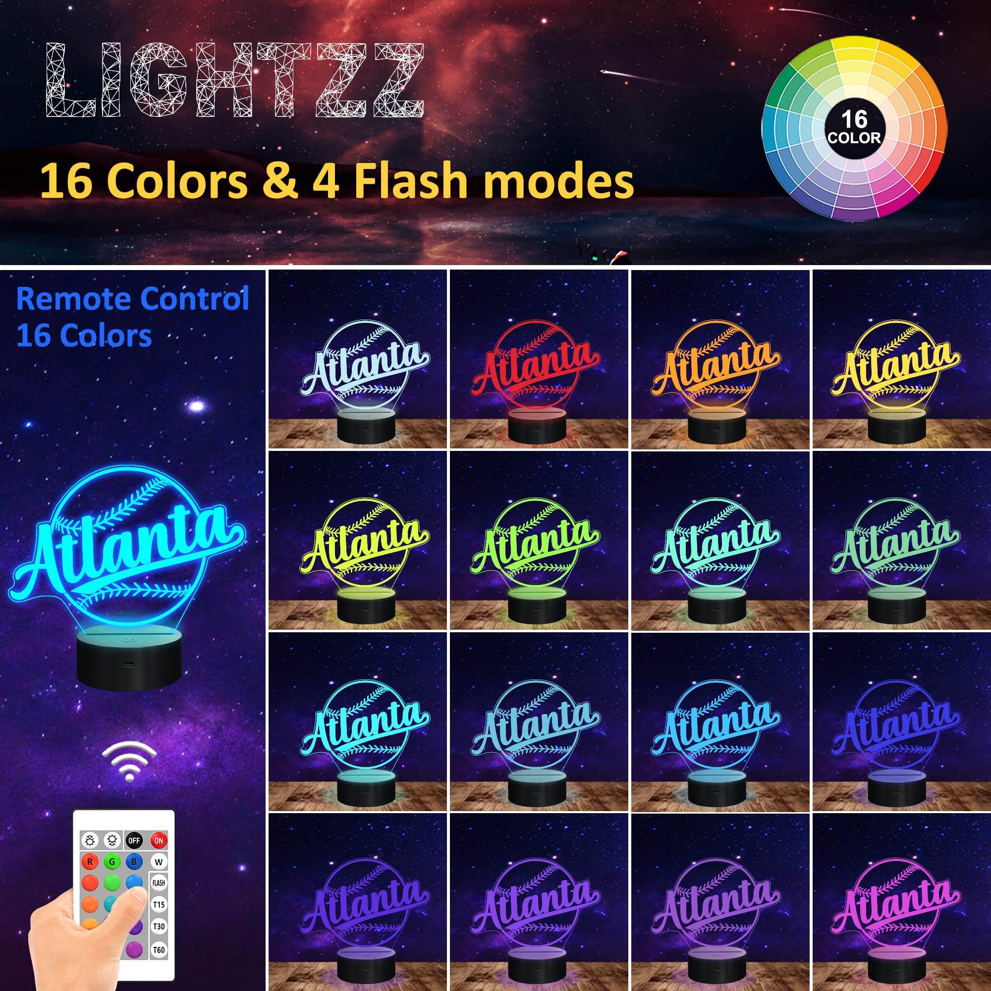 Lightzz 3D Illusion Baseball Night Light - Remote Control, 16 Colors, Acrylic Decor, Kids Room, Atlanta Model FS-xxxyyy