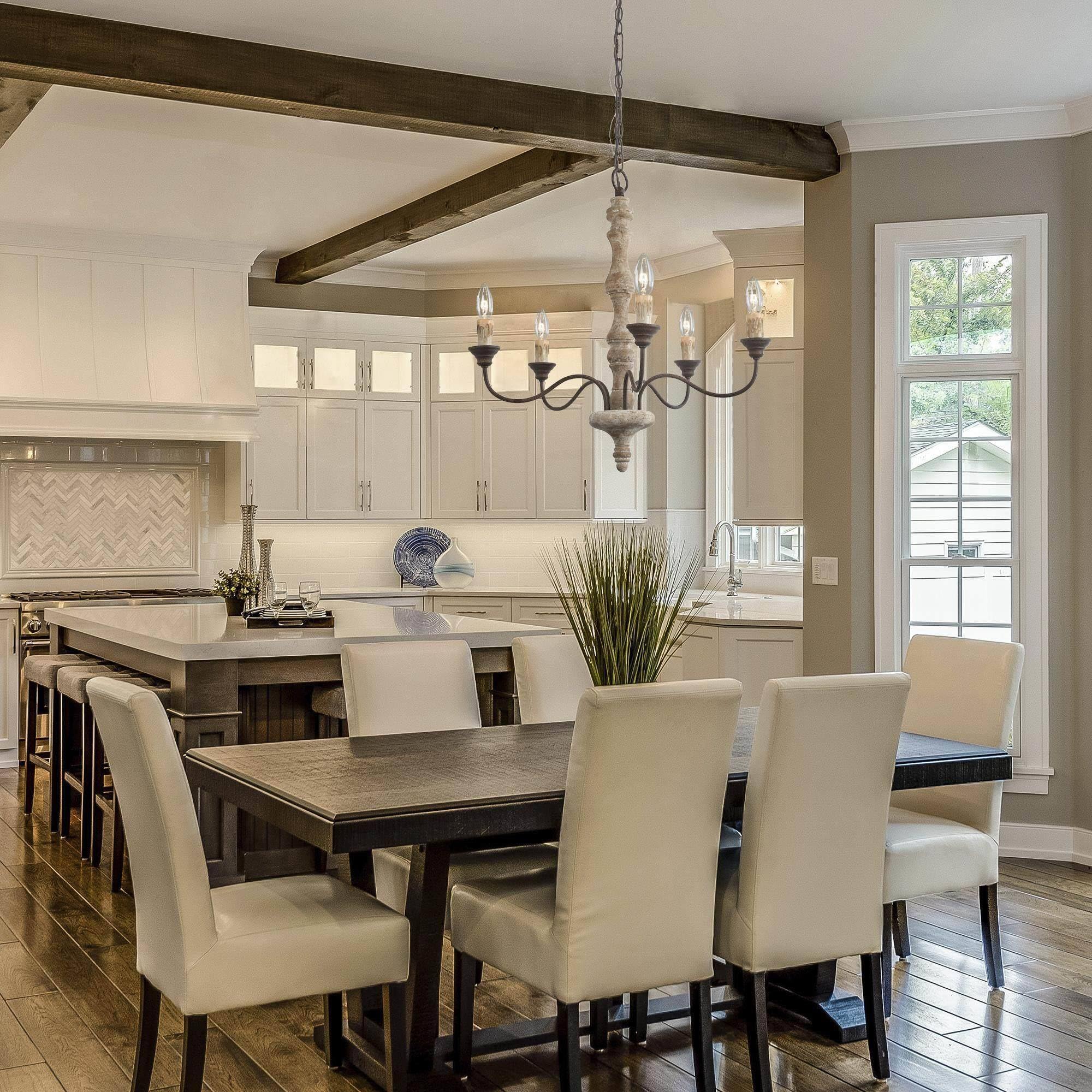 Gepow Farmhouse Chandelier, 5-Light French Country Chandelier, Rustic Distressed Wood Chandeliers Light Fixture For Dining Room,