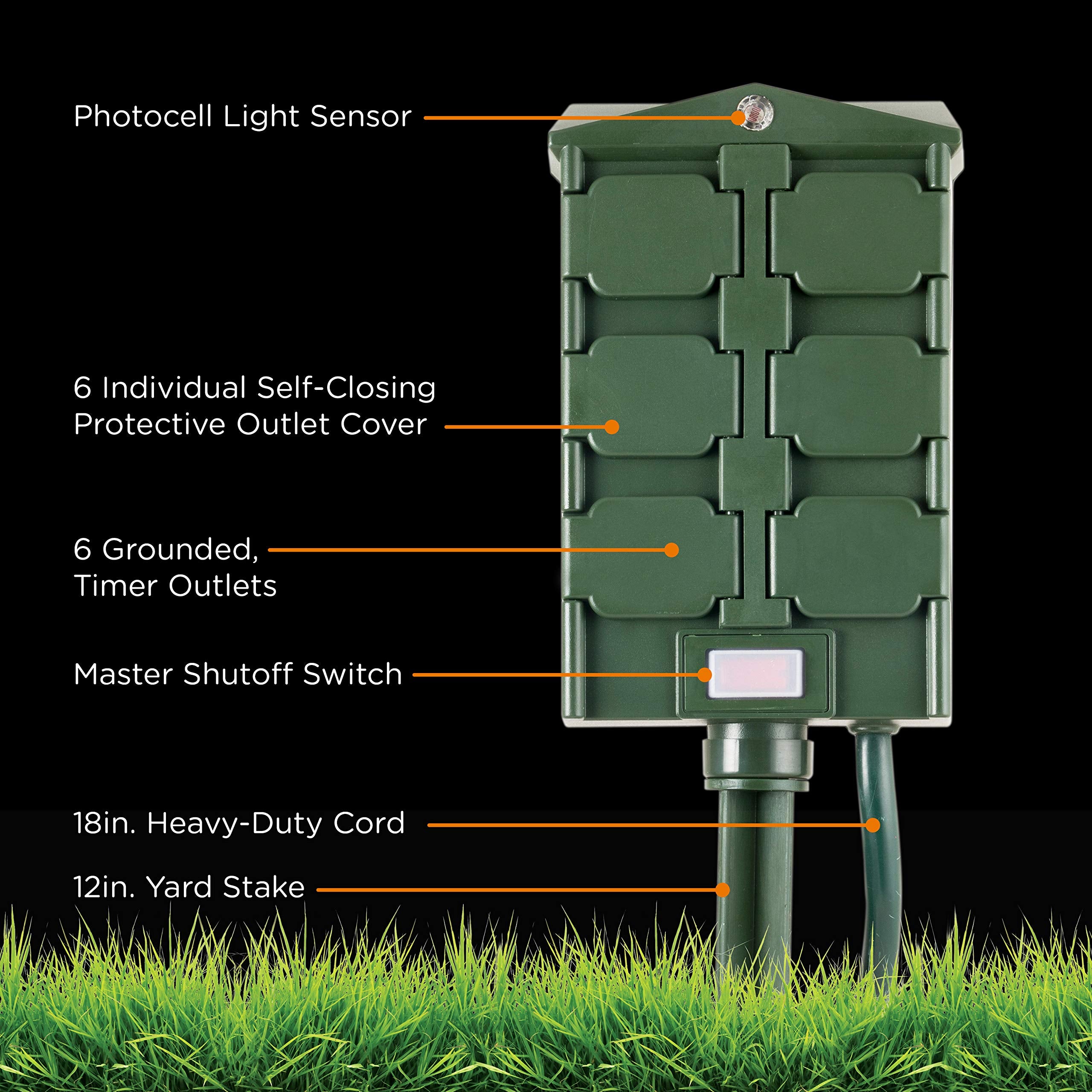 myTouchSmart Outdoor Timer with 6 Outlets, 6ft Cord, Weather Resistant, Model 48708, Green