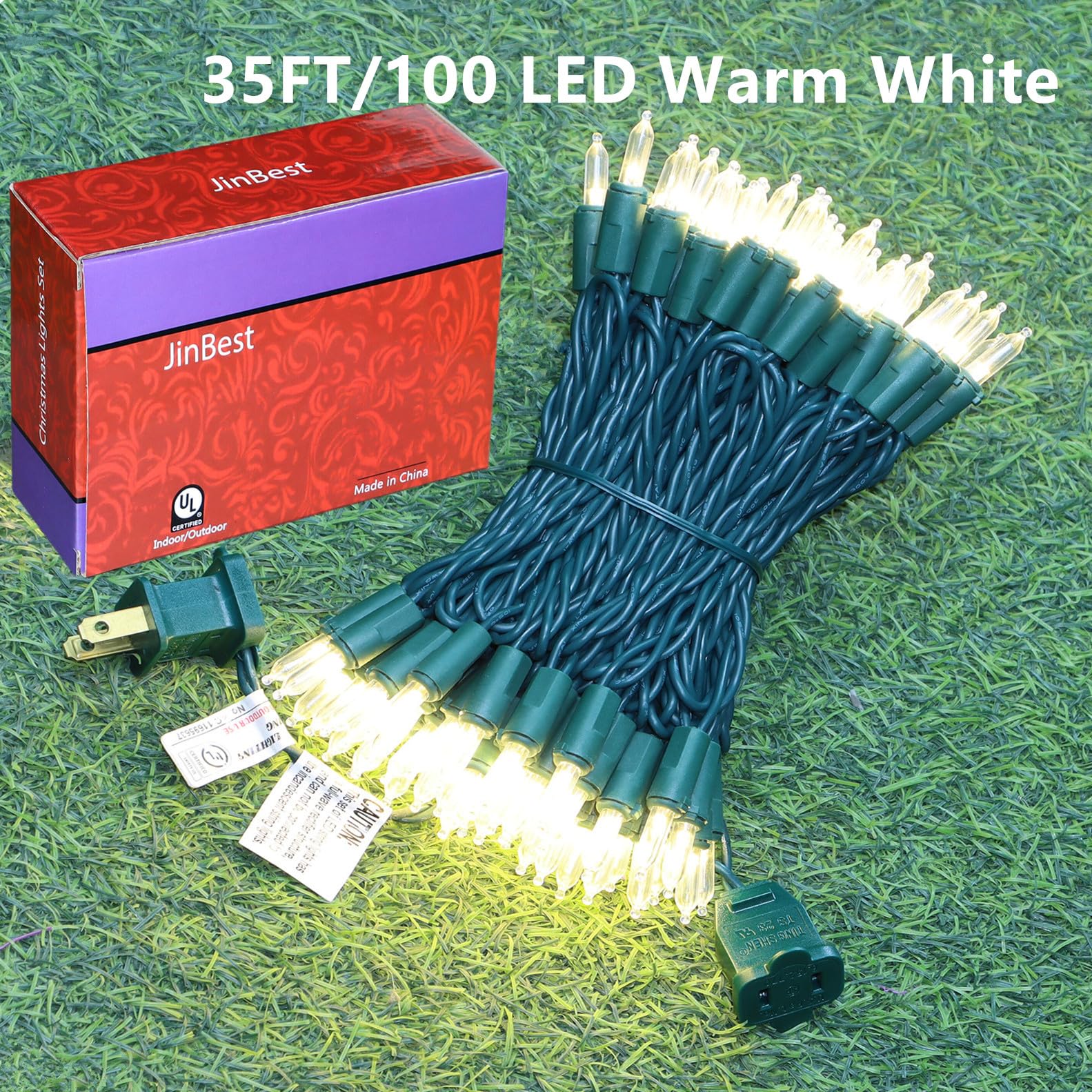 Jinbest 100 Led Warm White Green Wire Christmas String Lights, Ul Certified And Commercial Decorative Lighting String 35 Ft, For