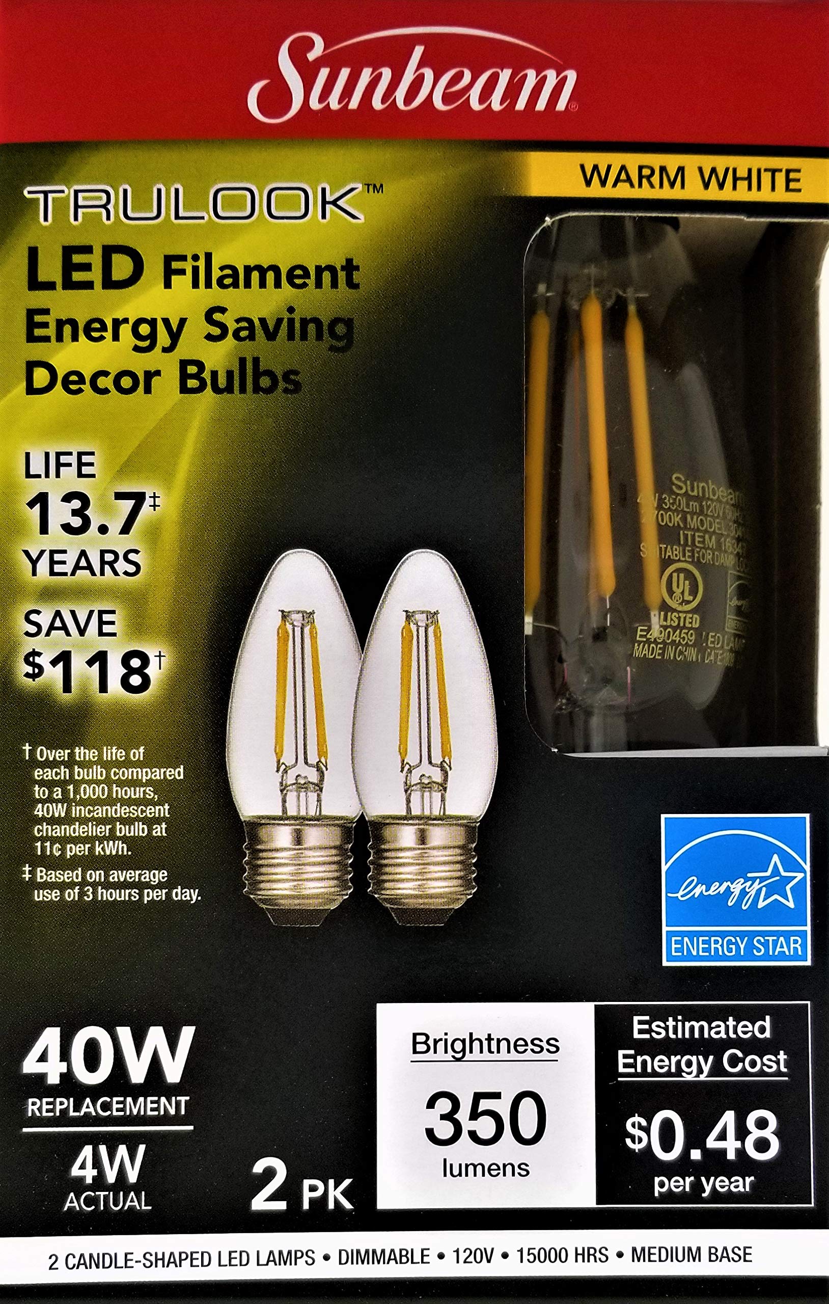 Sunbeam Trulook Led Filament Energy Saving Decor Bulbs, Warm White, 2-Pack