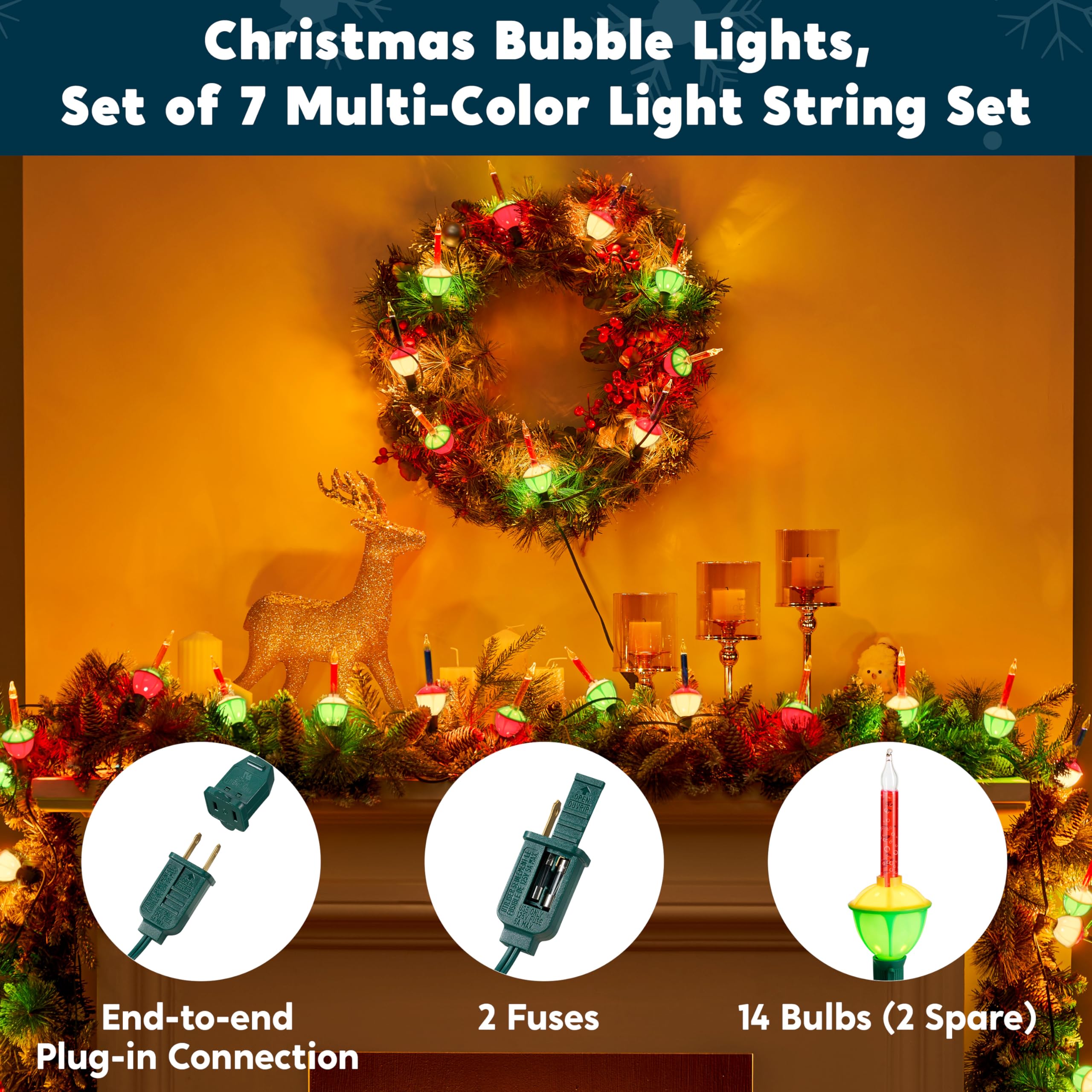 Joiedomi Christmas Bubble String Lights - 2 Pack Multicolor, 14 Vintage Bubbles, Plastic, Perfect For Tree & Holiday Decor