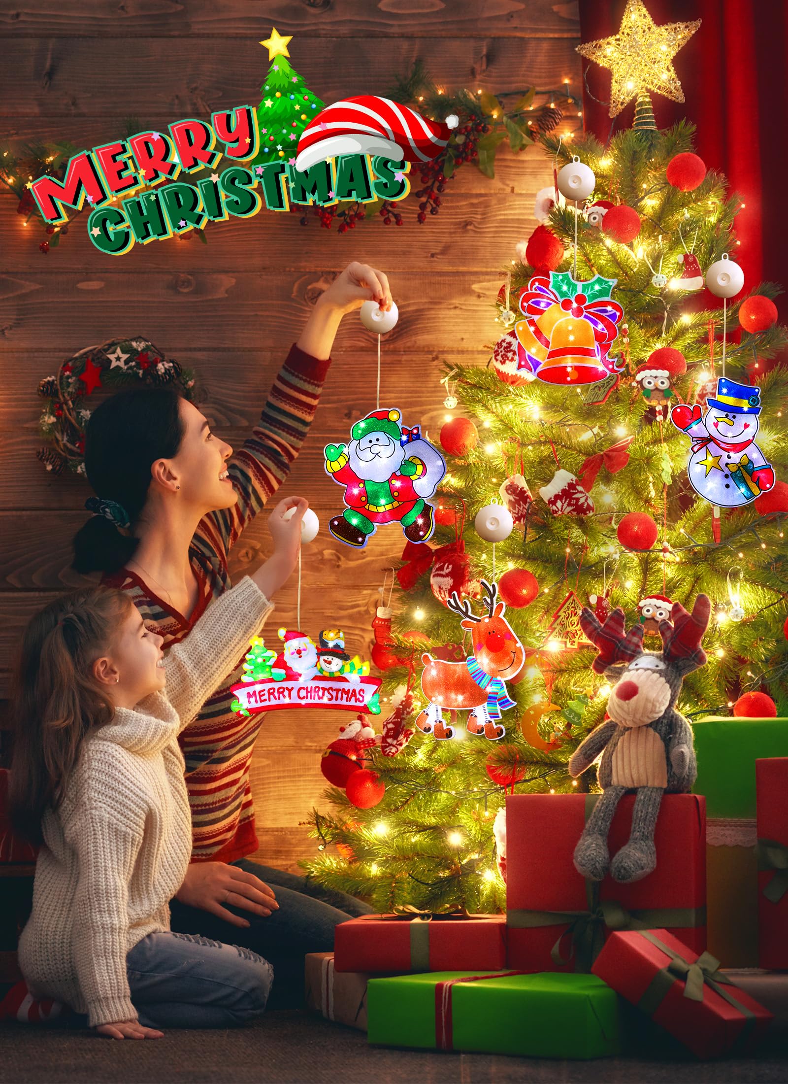 Christmas Window Lights Decorations, 5 pcs LED Lighted Christmas Hanging Lights Santa Claus Xmas Tree Bell Snowman Shaped Batter