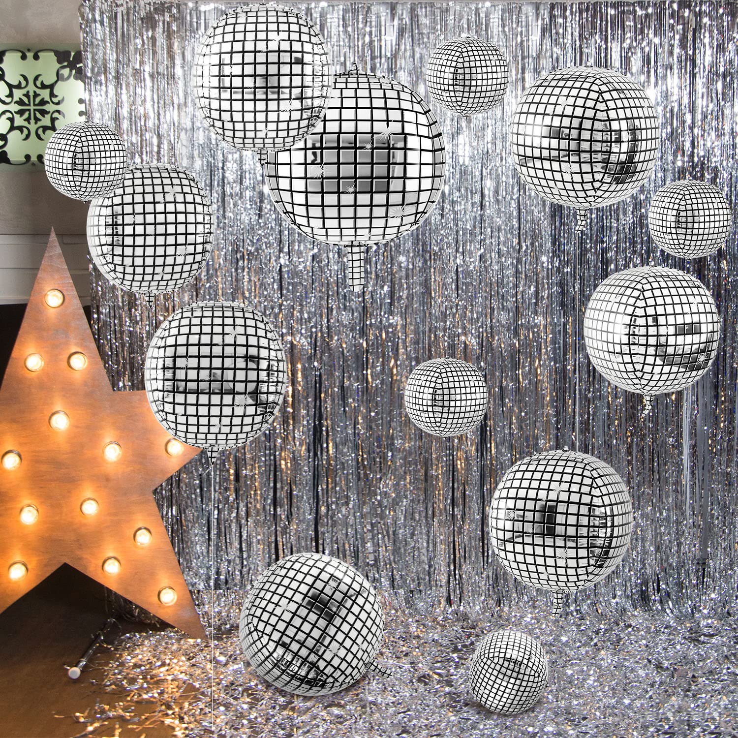 30 Pcs Disco Ball Balloons 32'' 22'' 10'' 4D Disco Balloons 70s Disco Party Decorations Round Metallic Silver Disco Foil Balloon